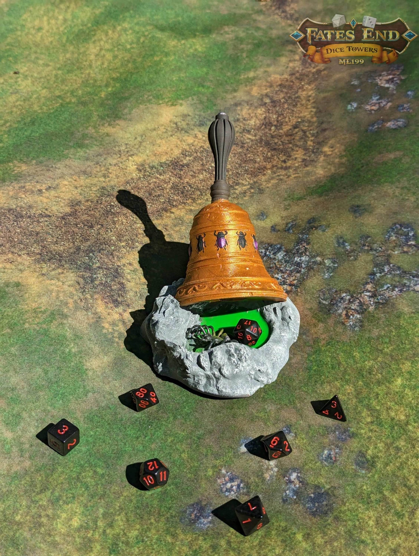 Bell of Bugs Dice Tower - Fate's End Collection - Summon Nature's Melodies and Mysteries with Every Ring. - Black / Yes- Include Random Dice Set