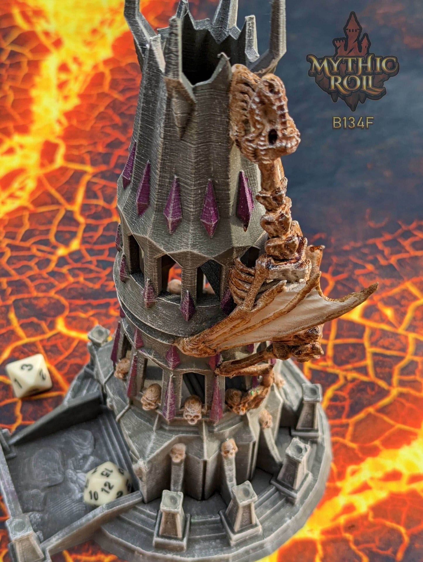 Necromancer Lich Undead Dragon 3D Printed Dice Tower | DnD Player Gift | Mythic Roll Collection by Unchained Games- Unearth the Dark Arts! - Black / Yes- Include Random Dice Set