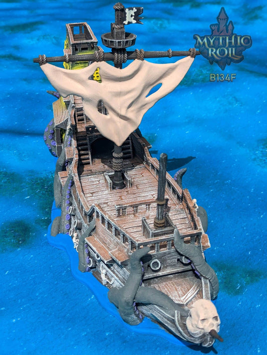 Ghost Pirate Ship 3D Printed Dice Tower - Mythic Roll Collection by Unchained Games | Dice Tray | D20 Dice Vault - Set sail into the unknown! - Black / Yes- Include Random Dice Set