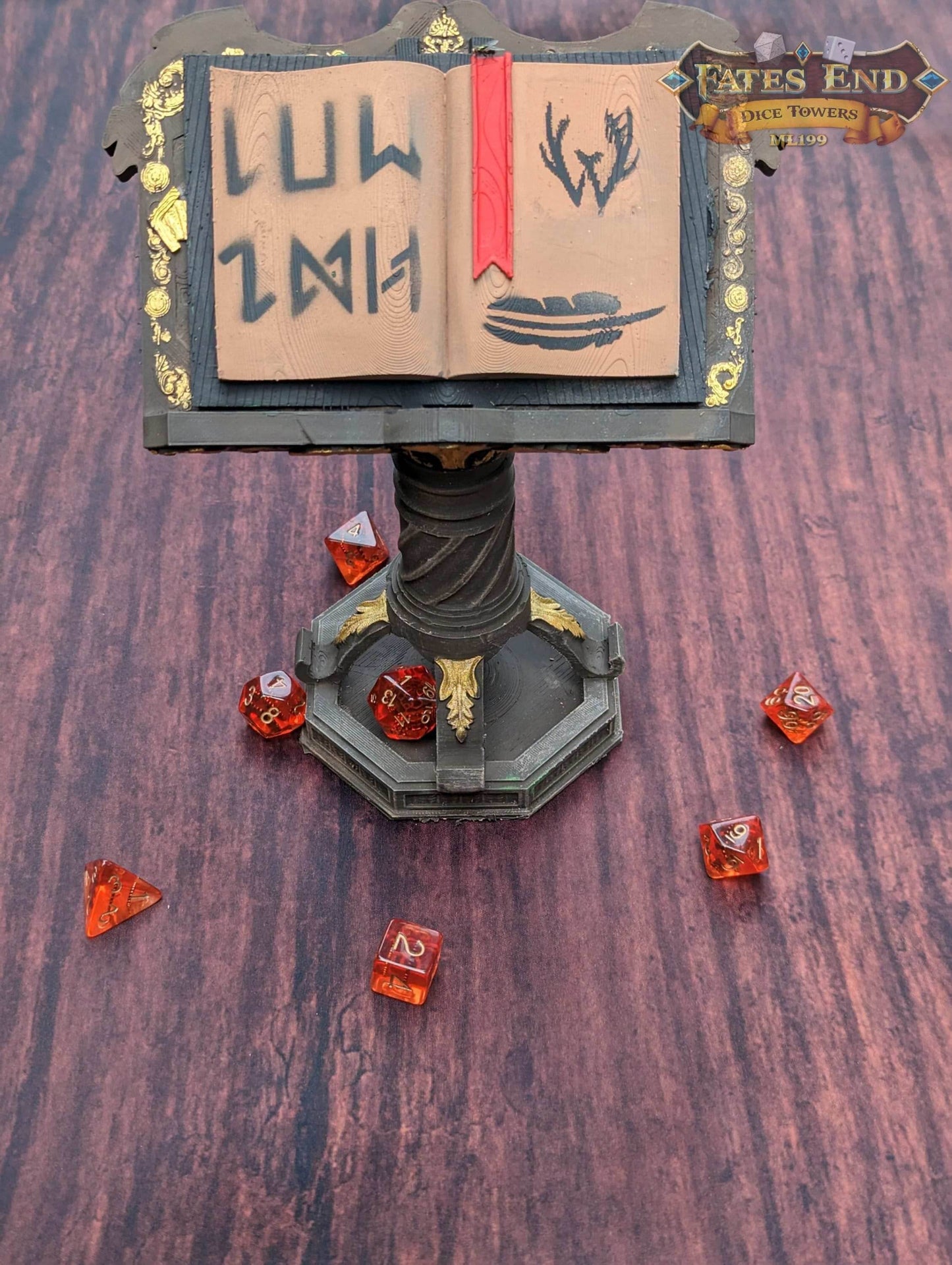 Magic Spell Book Tome 3D Printed Dice Tower - Fate's End Furhaven Collection - Unlock the Arcane Secrets of the Magic Tome! - Black / Yes- Include Random Dice Set