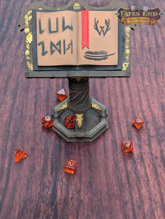 Magic Spell Book Tome 3D Printed Dice Tower - Fate's End Furhaven Collection - Unlock the Arcane Secrets of the Magic Tome! - Black / Yes- Include Random Dice Set