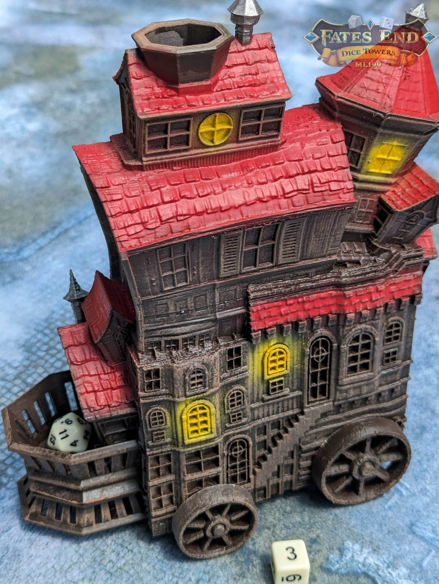 Merchant's Moving Castle Caravan 3D Printed Dice Tower - Fate's End Collection - Storage and Style! - Black / Yes- Include Random Dice Set