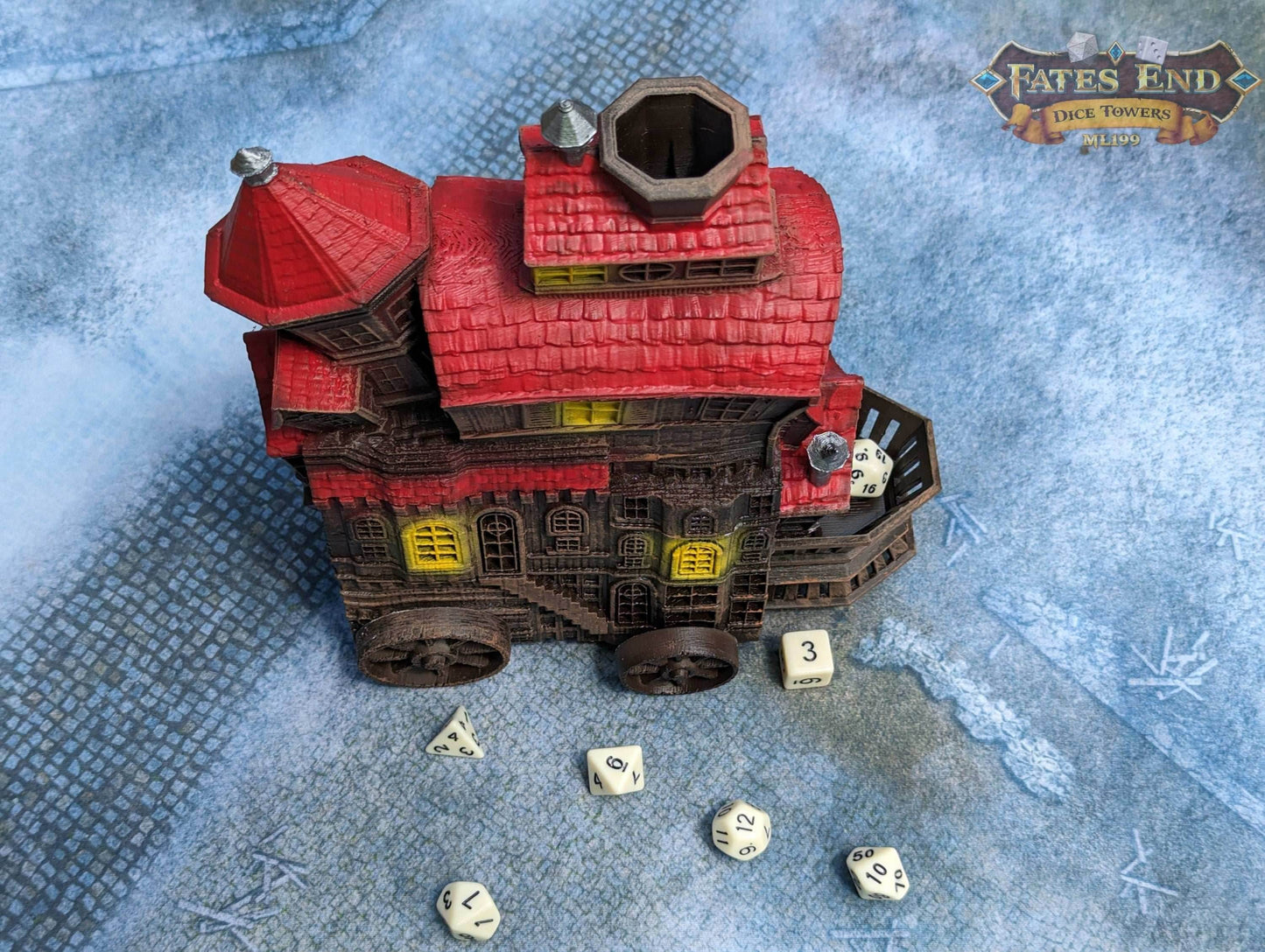 Merchant's Moving Castle Caravan 3D Printed Dice Tower - Fate's End Collection - Storage and Style! - Black / Yes- Include Random Dice Set