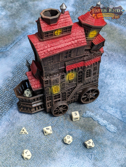 Merchant's Moving Castle Caravan 3D Printed Dice Tower - Fate's End Collection - Storage and Style! - Black / Yes- Include Random Dice Set