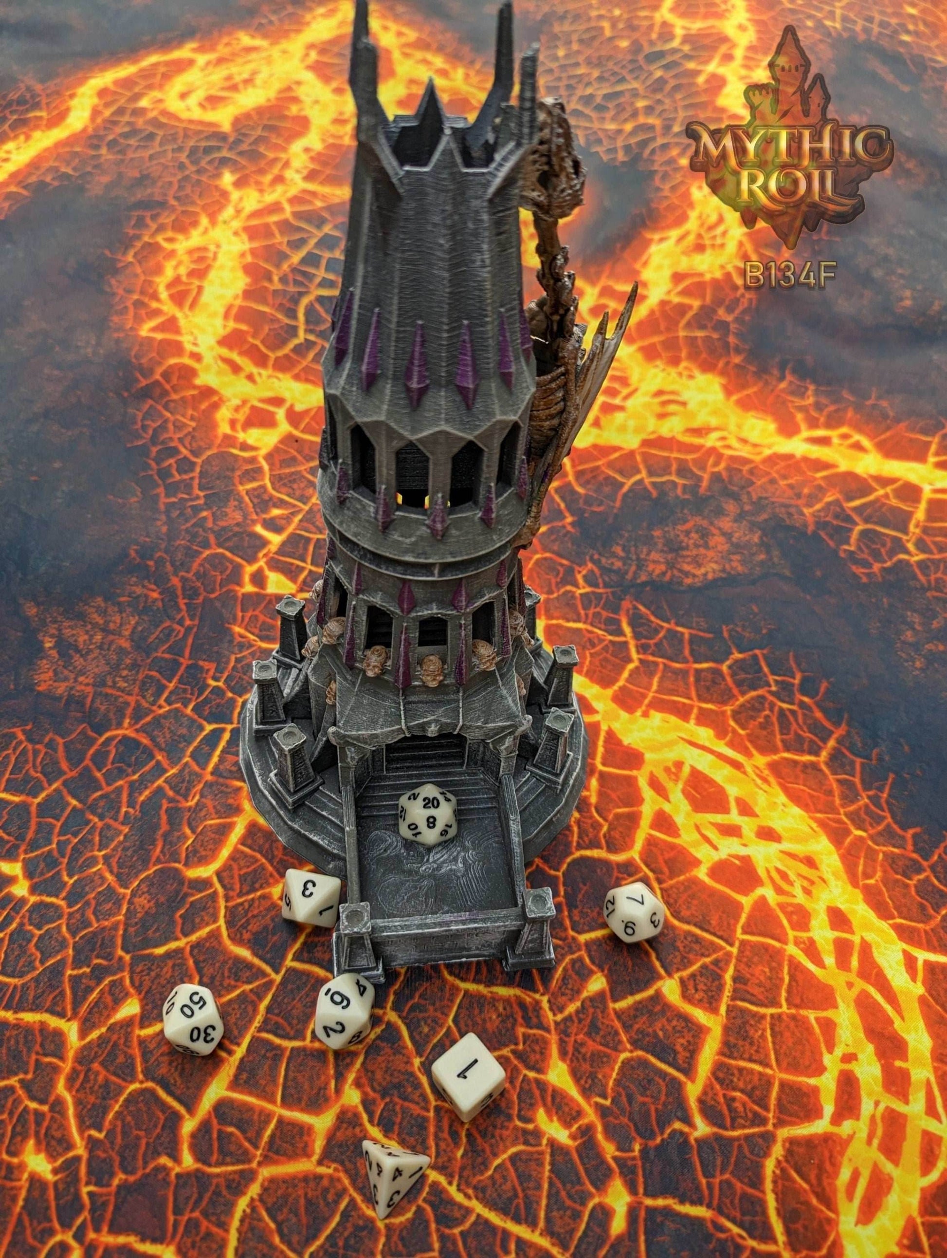 Necromancer Lich Undead Dragon 3D Printed Dice Tower | DnD Player Gift | Mythic Roll Collection by Unchained Games- Unearth the Dark Arts! - Black / Yes- Include Random Dice Set