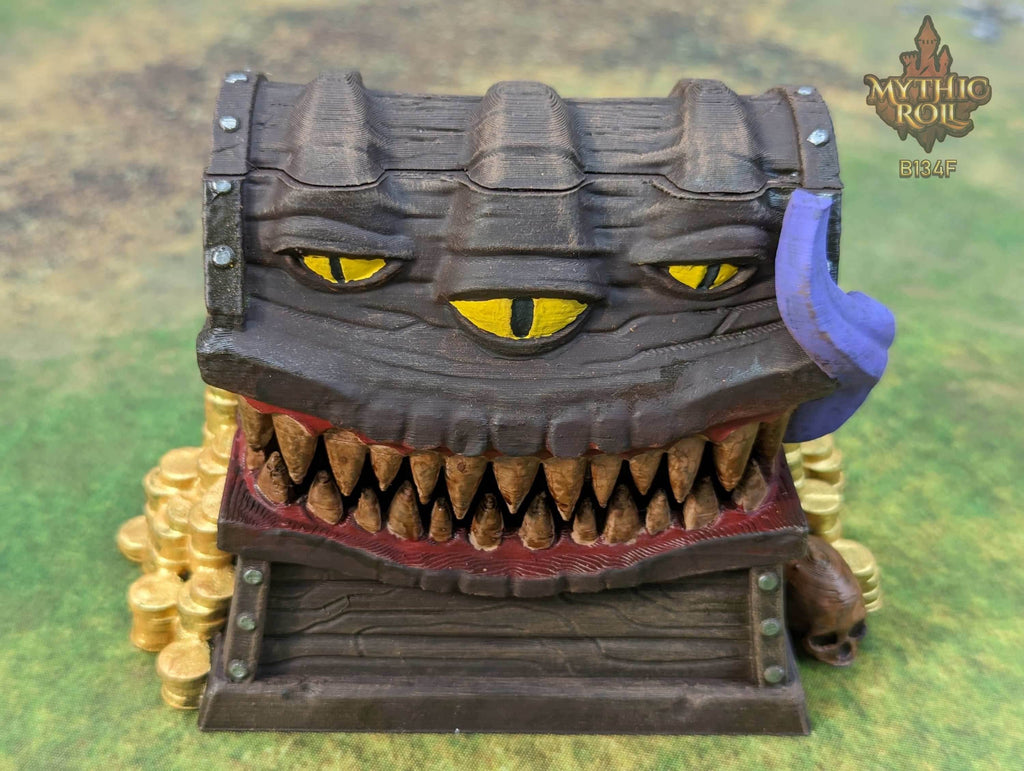 Mimic 3D Printed Dice Jail | RPG Dice Vault | D20 Storage Box | Player Gift - Beware the Mimic Dice Jail: Where Chance and Mystery Converge! - Black / Yes- Include Random Dice Set
