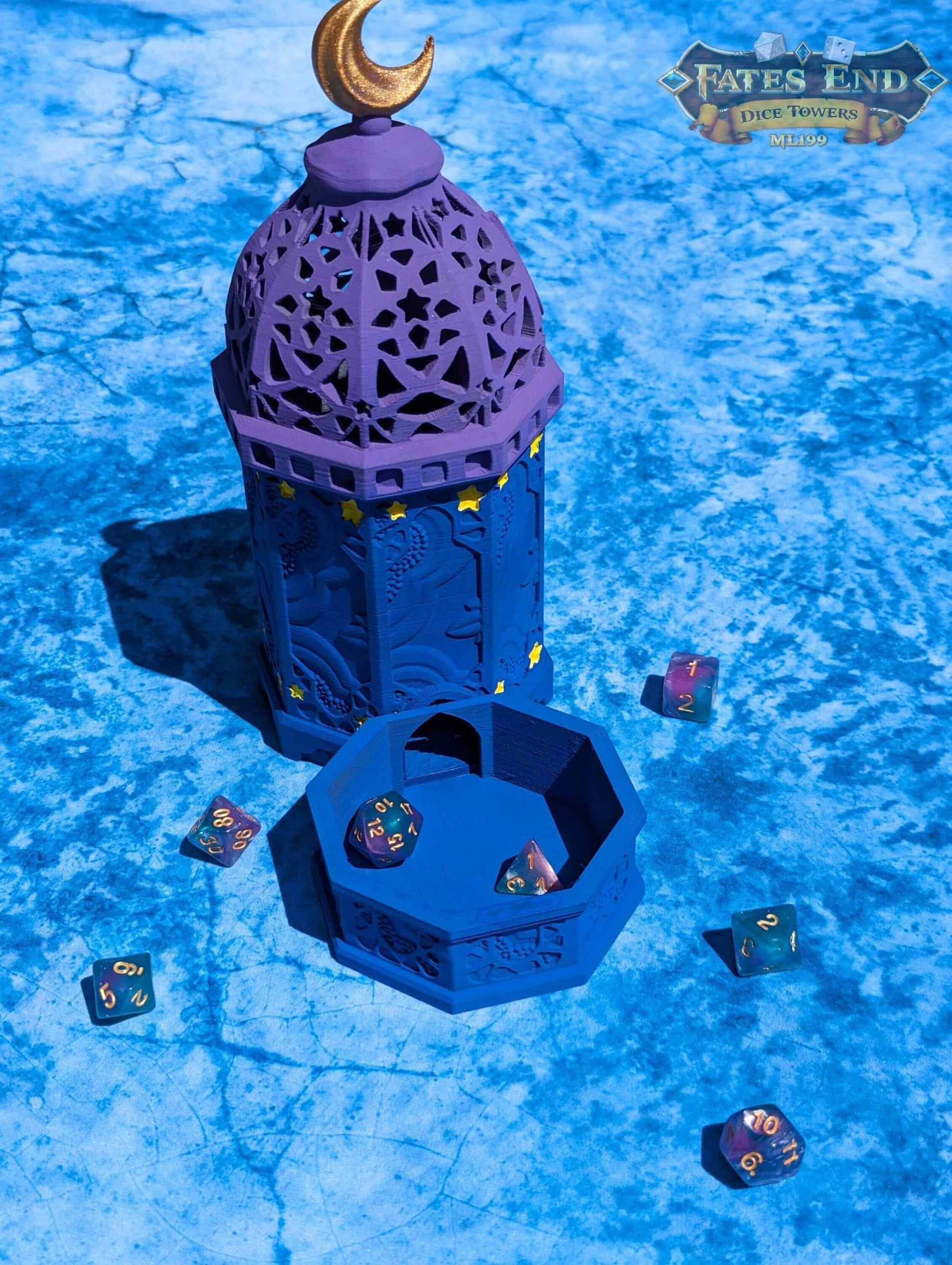 Lantern 3D Printed Dice Tower - Fate's End Furhaven Collection - Illuminate Your Destiny! - Black / Yes- Include Random Dice Set