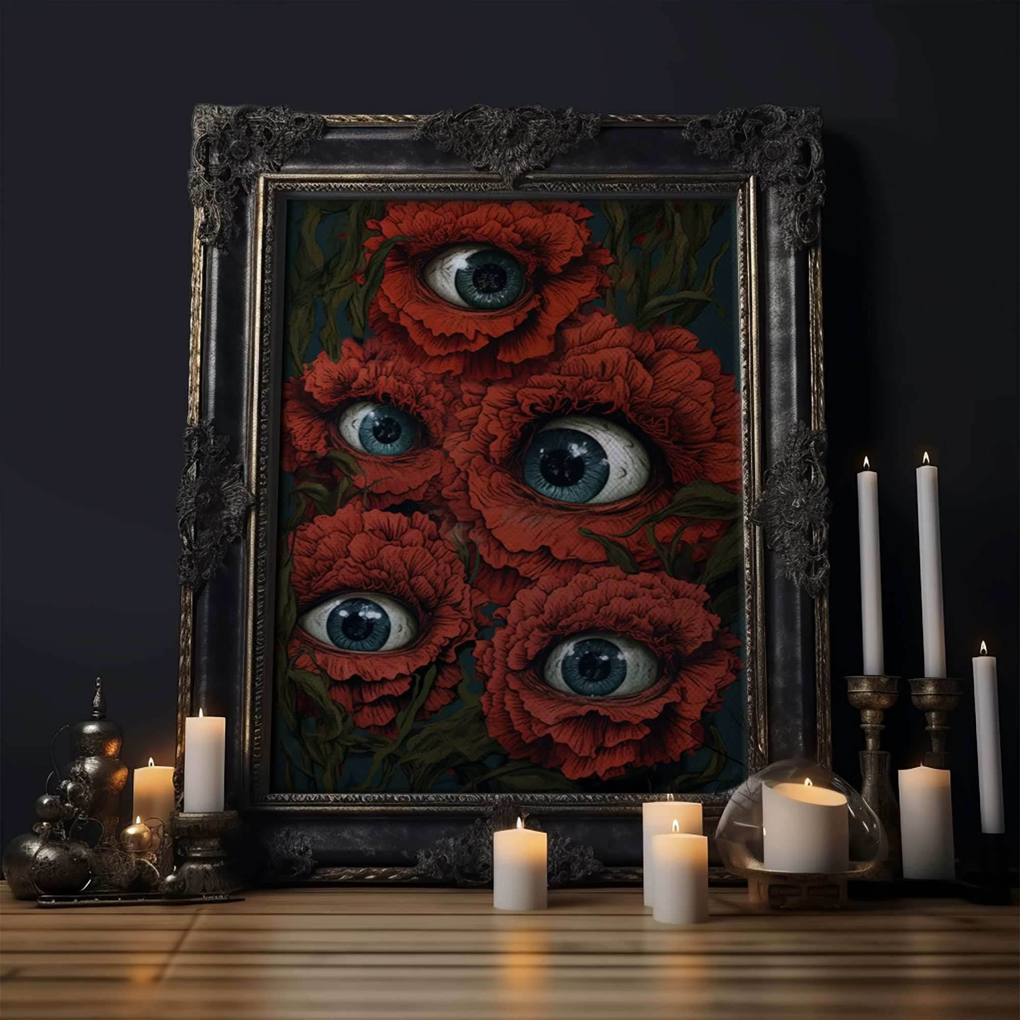 The All Seeing Flowers, Fantasy Dark Cottagecore, Creepy Bouquet, Gothic Art, Creepy Cottage Core, Unique Halloween Art, Forest Decor - 8x12 Inches / Gallery Wrap Canvas - Ready To Hang
