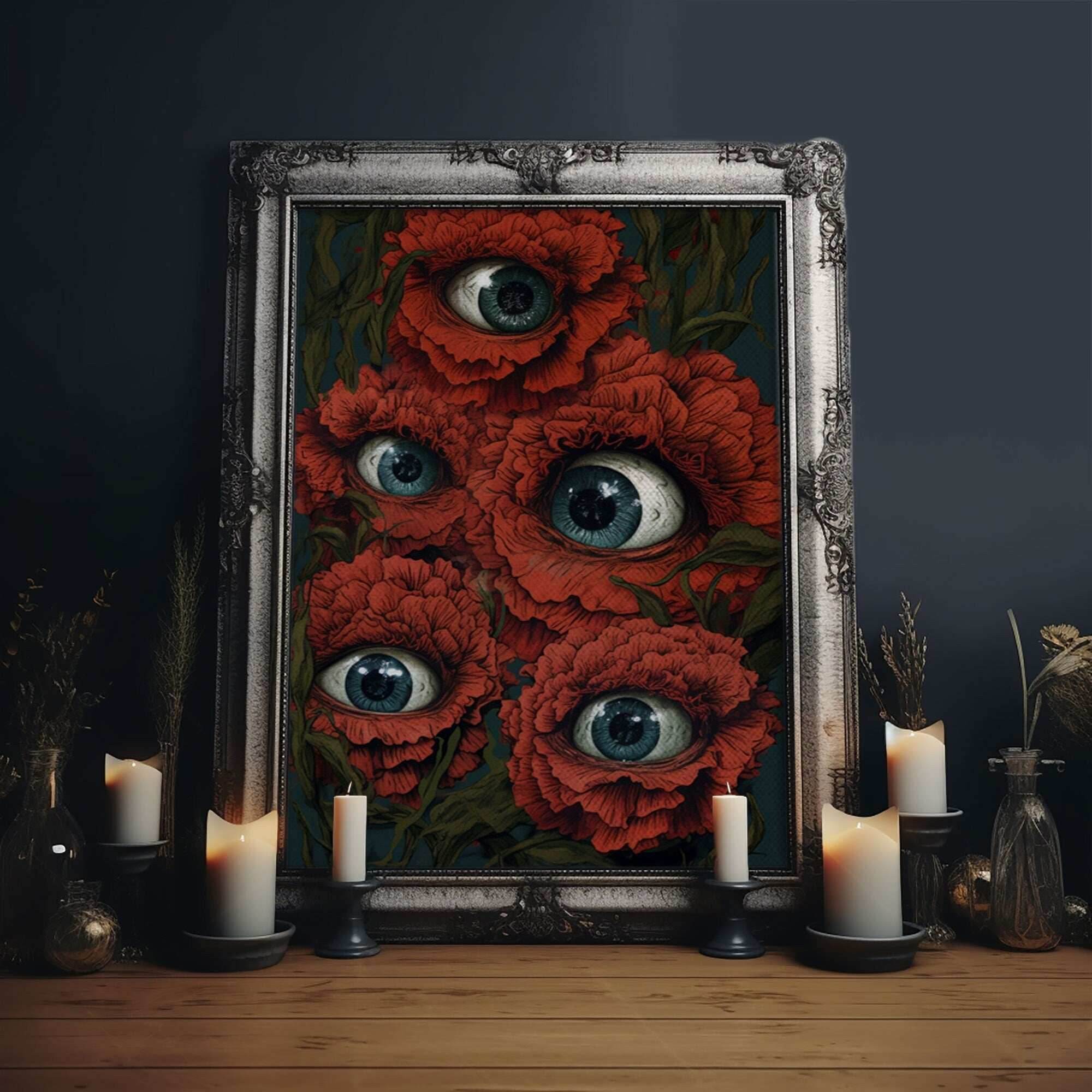 The All Seeing Flowers, Fantasy Dark Cottagecore, Creepy Bouquet, Gothic Art, Creepy Cottage Core, Unique Halloween Art, Forest Decor - 8x12 Inches / Gallery Wrap Canvas - Ready To Hang
