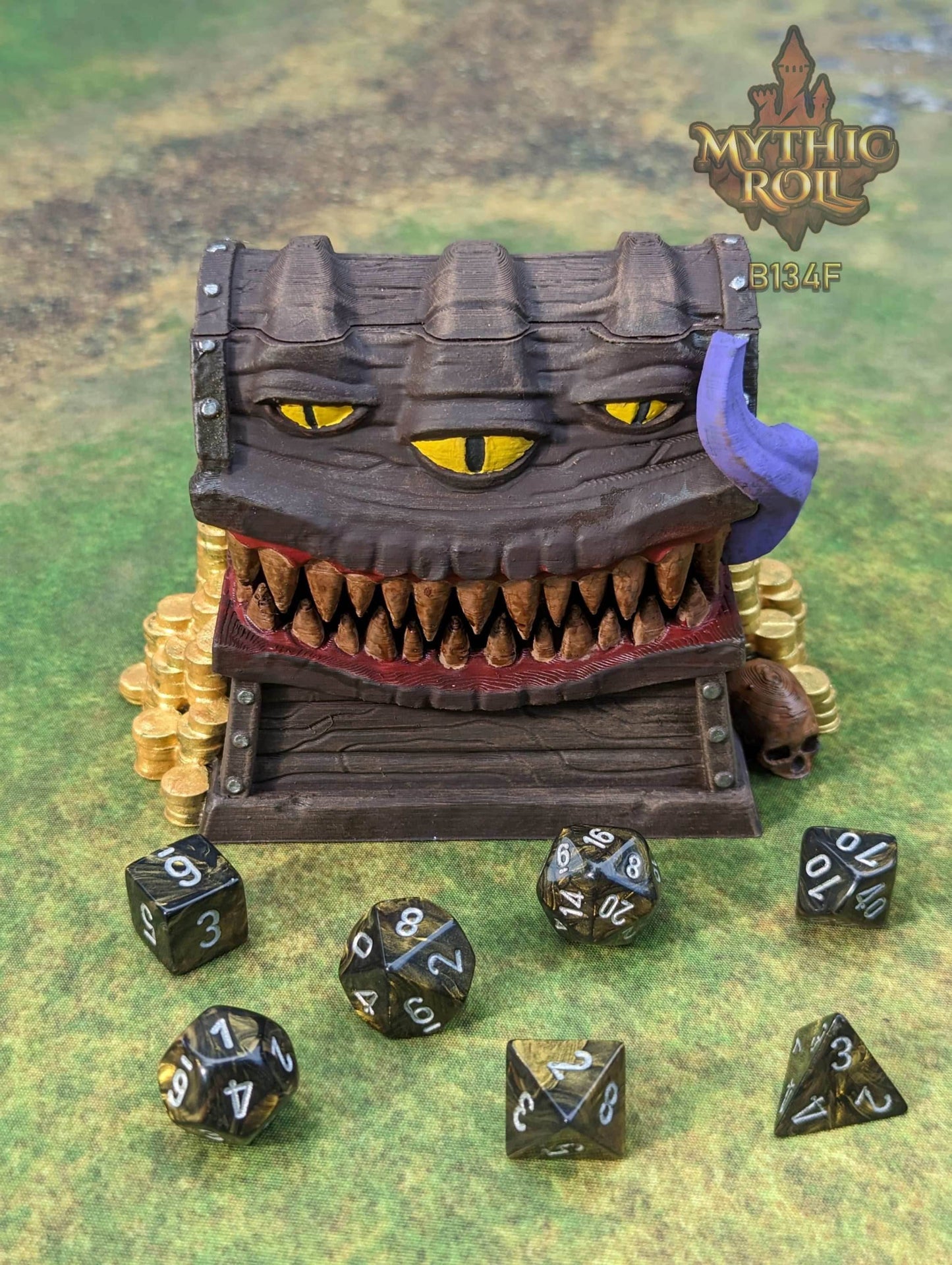 Mimic 3D Printed Dice Jail | RPG Dice Vault | D20 Storage Box | Player Gift - Beware the Mimic Dice Jail: Where Chance and Mystery Converge! - Black / Yes- Include Random Dice Set