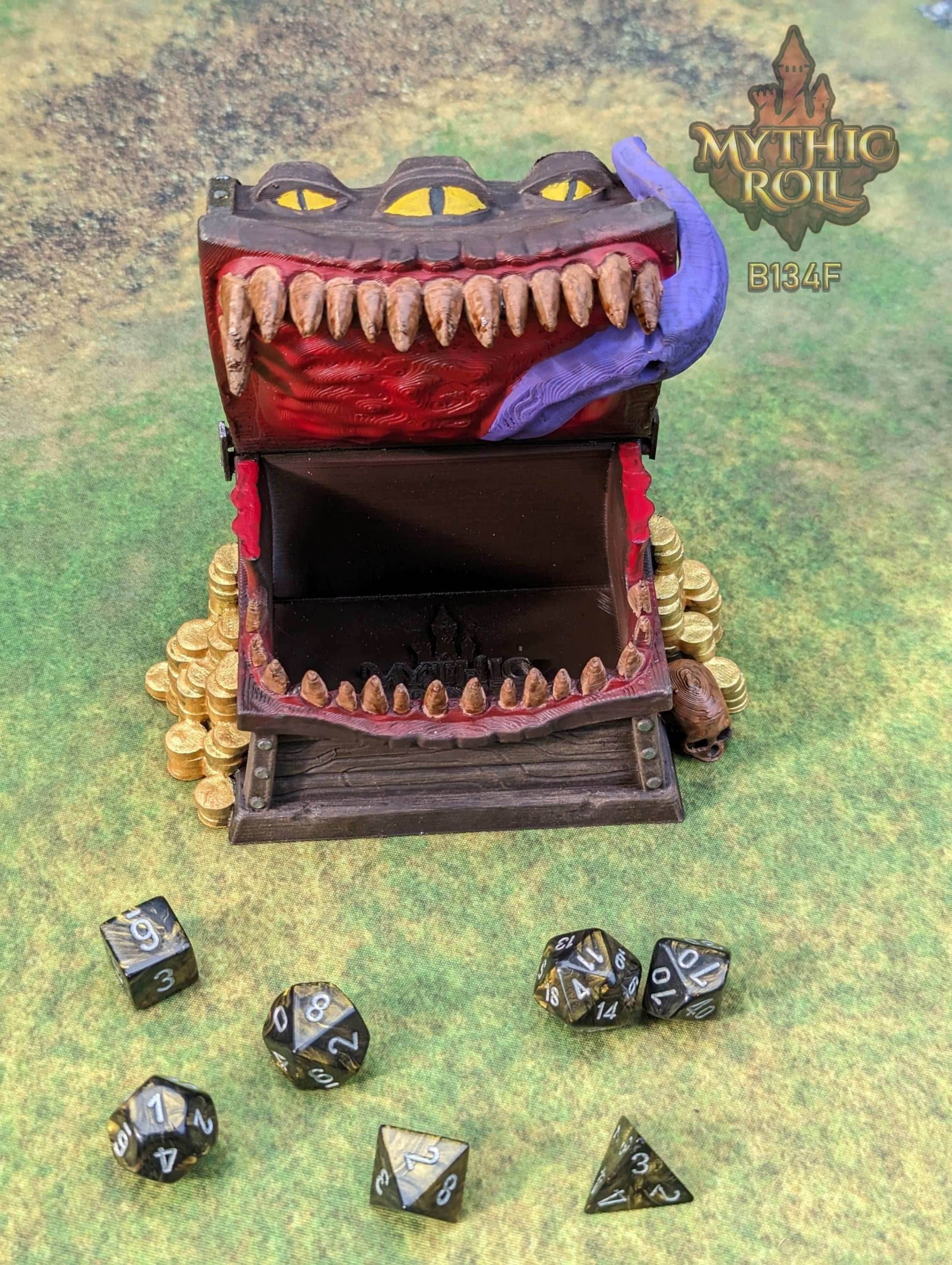 Mimic 3D Printed Dice Jail | RPG Dice Vault | D20 Storage Box | Player Gift - Beware the Mimic Dice Jail: Where Chance and Mystery Converge! - Black / Yes- Include Random Dice Set