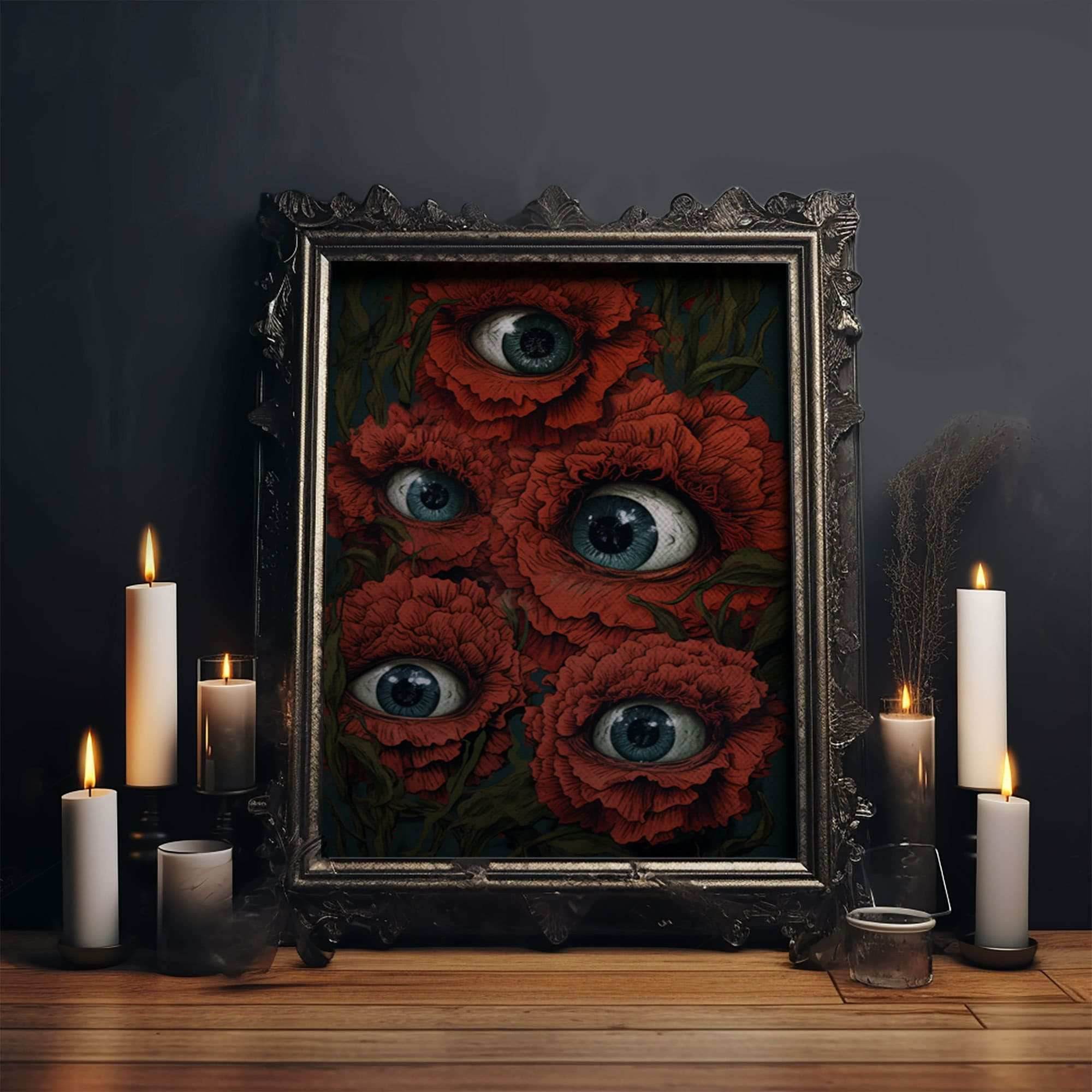 The All Seeing Flowers, Fantasy Dark Cottagecore, Creepy Bouquet, Gothic Art, Creepy Cottage Core, Unique Halloween Art, Forest Decor - 8x12 Inches / Gallery Wrap Canvas - Ready To Hang