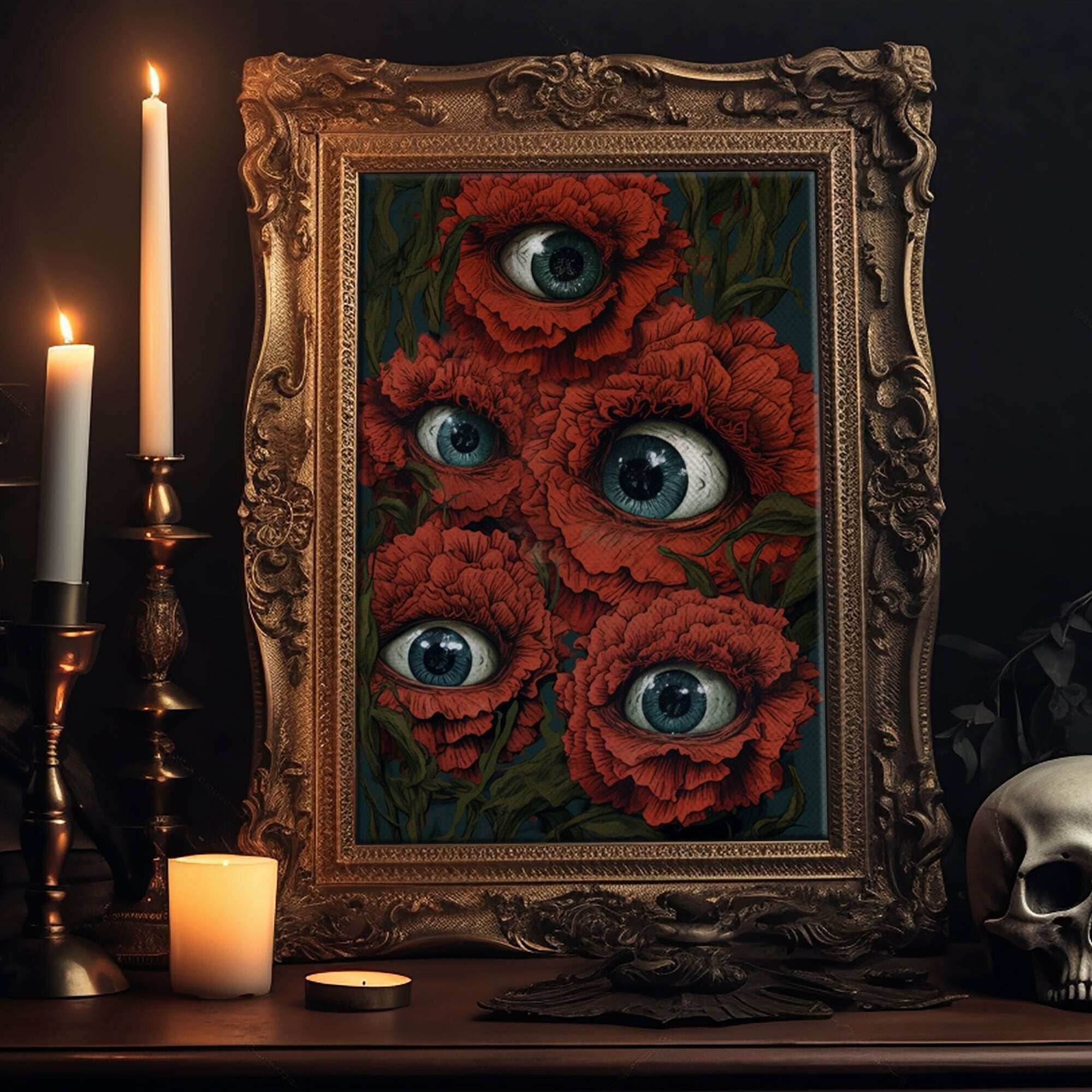 The All Seeing Flowers, Fantasy Dark Cottagecore, Creepy Bouquet, Gothic Art, Creepy Cottage Core, Unique Halloween Art, Forest Decor - 8x12 Inches / Gallery Wrap Canvas - Ready To Hang