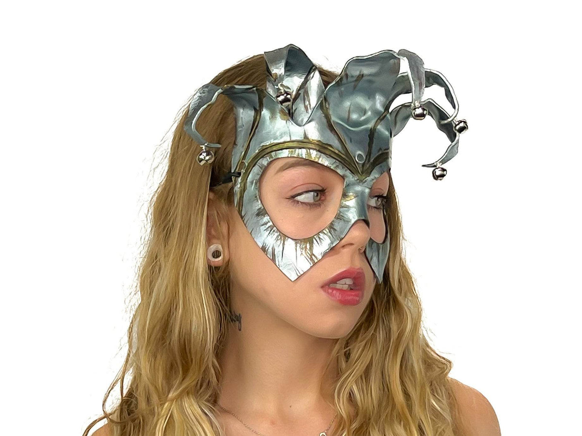 Handmade Genuine Leather Five Point Jester Mask in Patina Silver - 