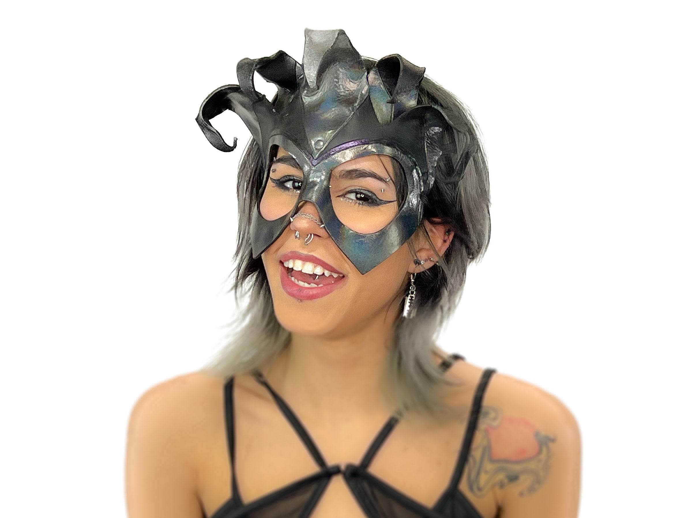 Handmade Genuine Leather Five Point Jester Mask in cosmic silver and Black No Bells - 