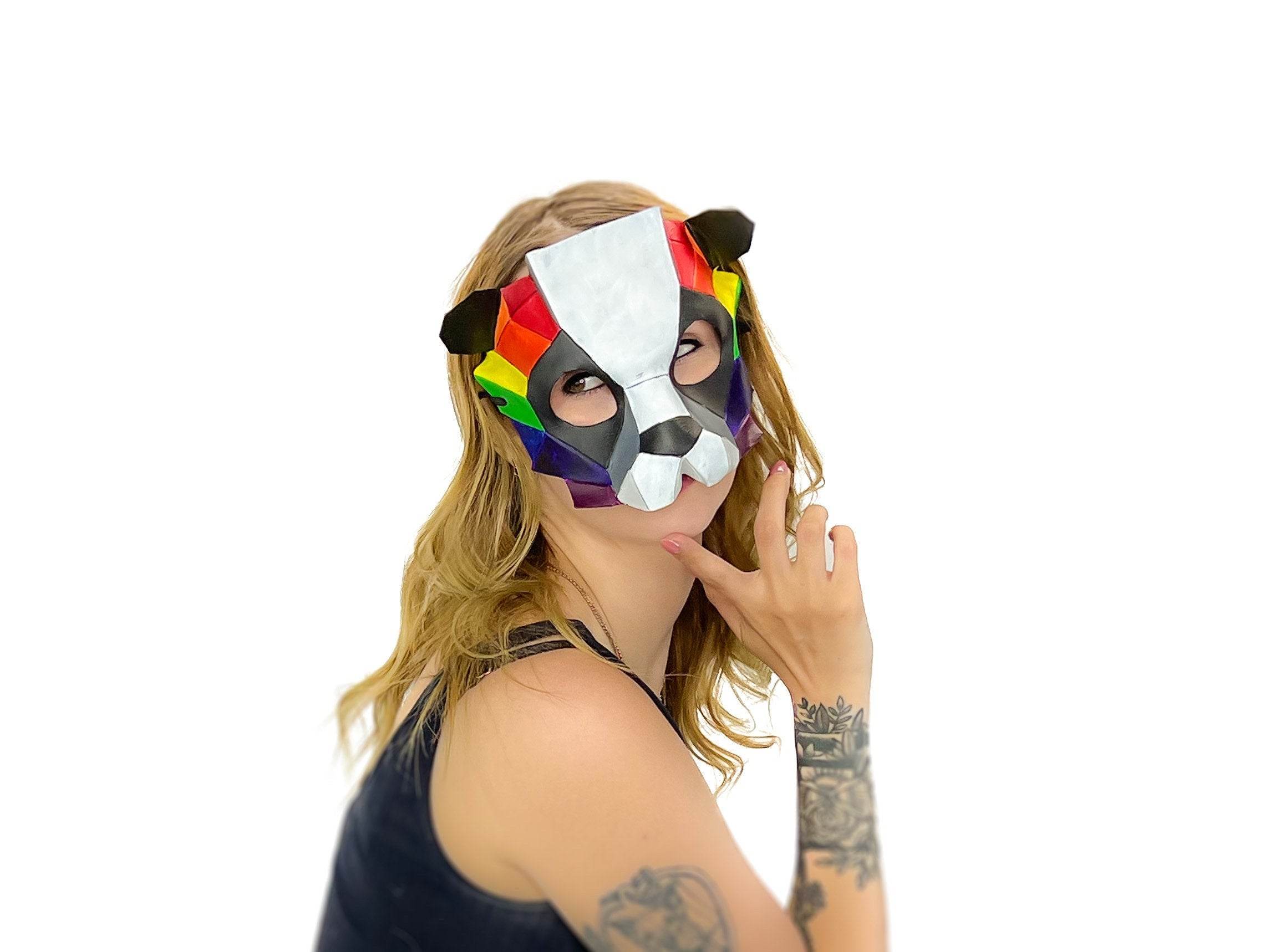 Geometric Rainbow Panda Bear Leather Mask - 