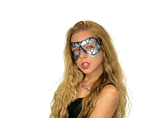 Compact Harlequin Handmade Genuine Leather Mask in Silver - 