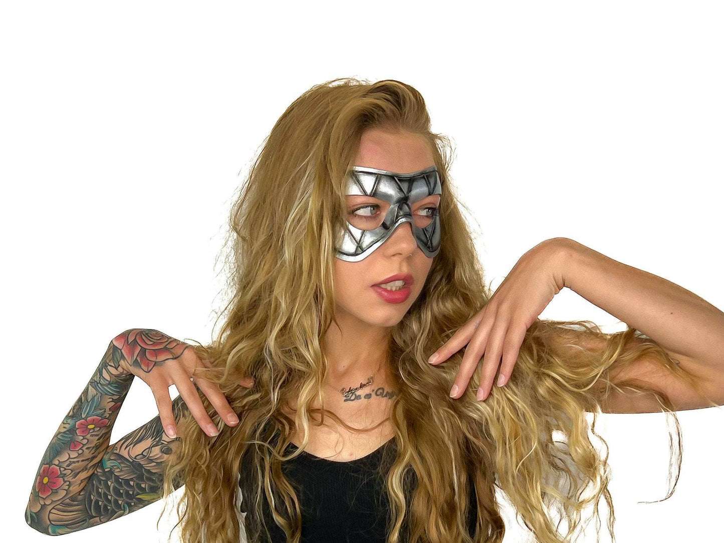 Compact Harlequin Handmade Genuine Leather Mask in Silver - 