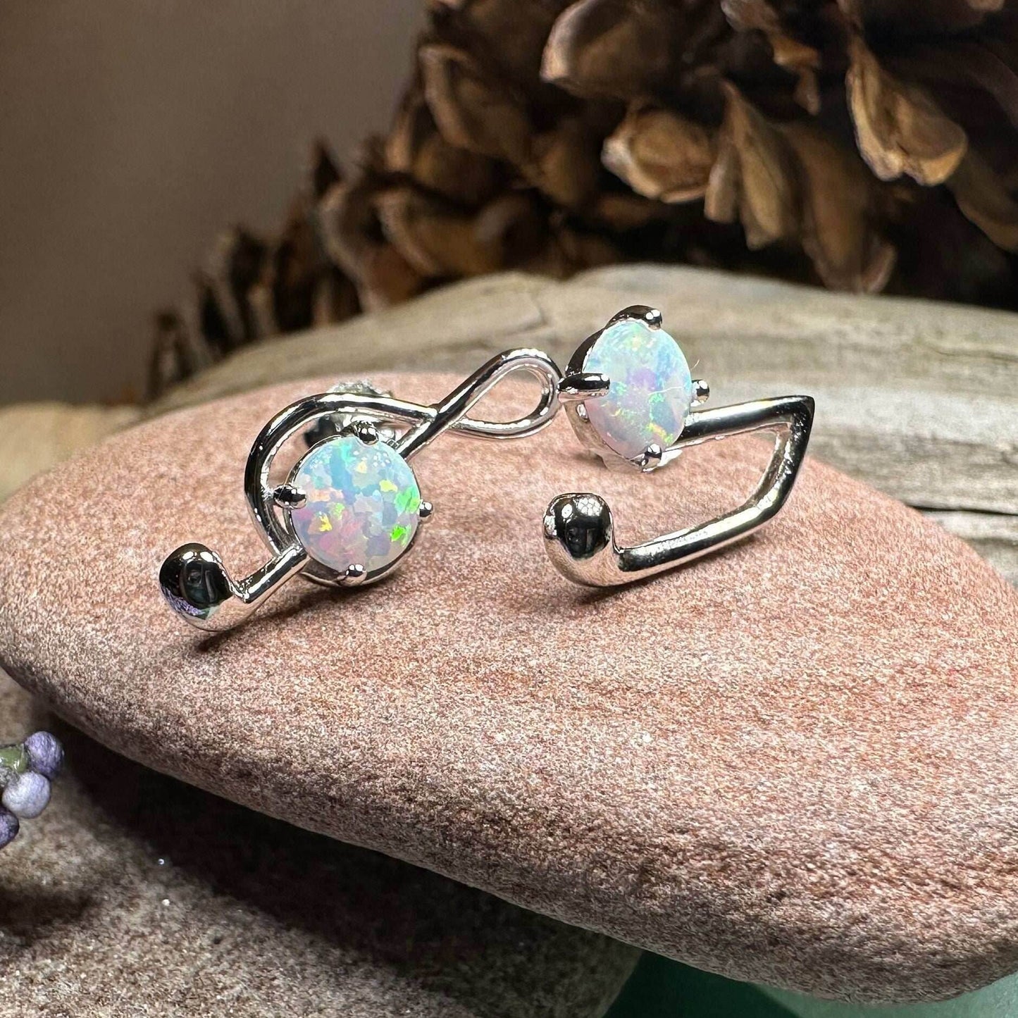 Opal Music Note Stud Earrings - White