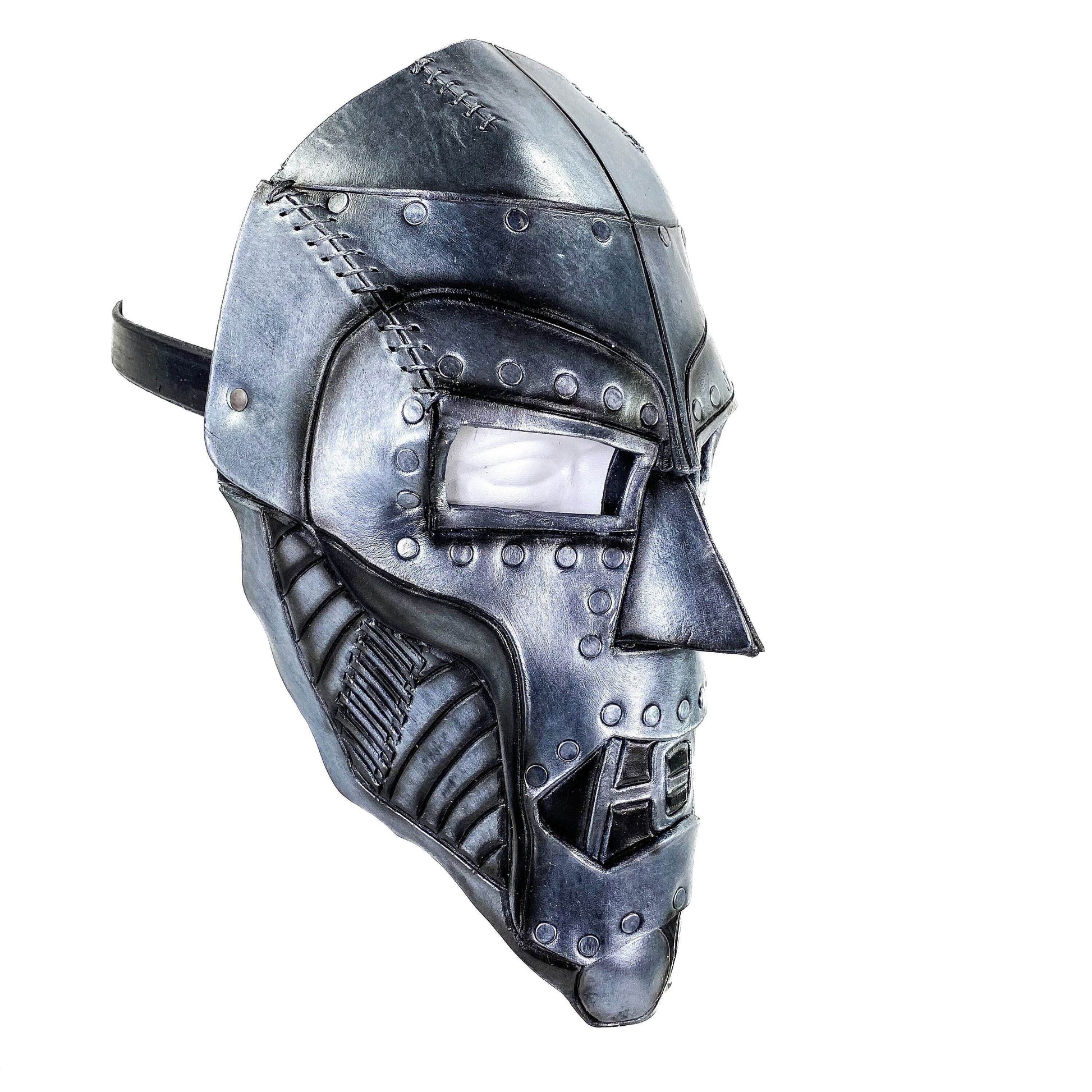Genuine Leather Mask - Weathered Steel Paint - Handmade Full Face Cover for Masquerades Halloween or Cosplay Costume - UV Reactive Paint