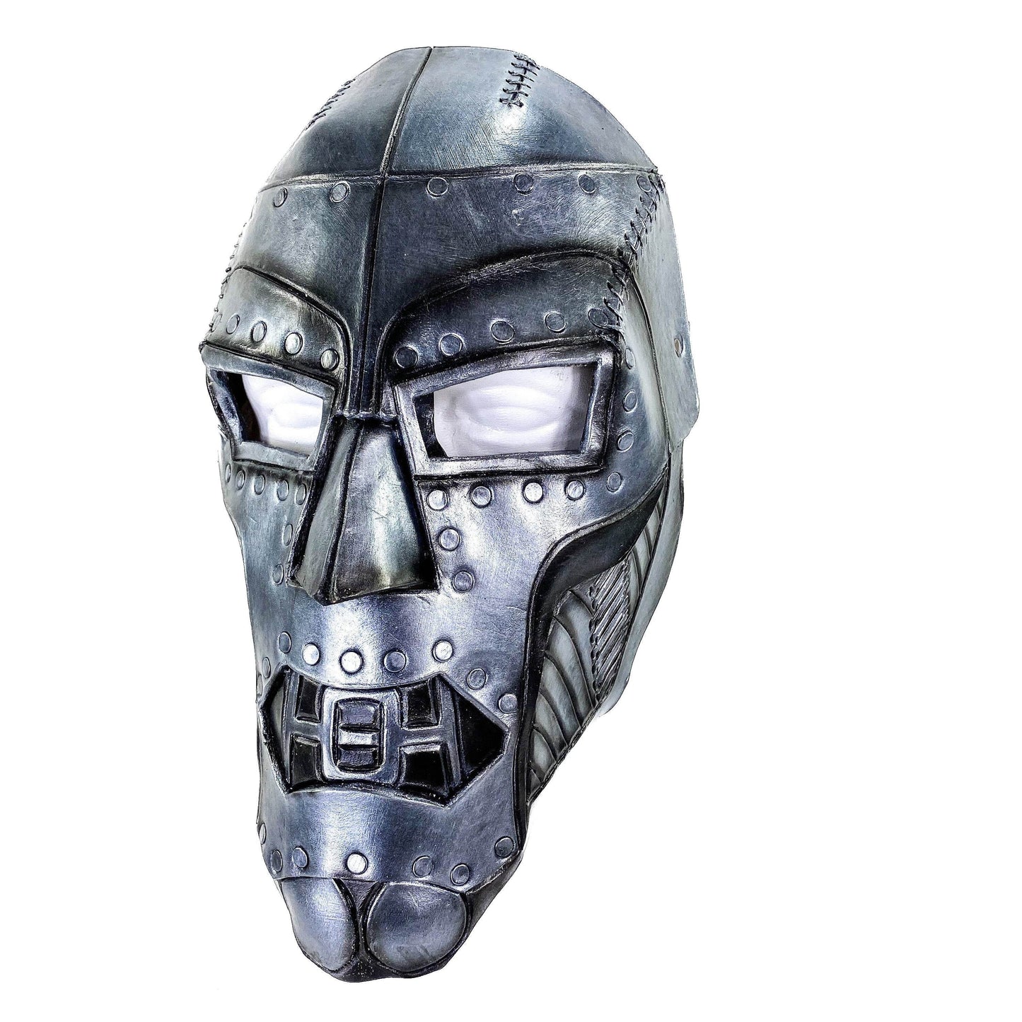 Genuine Leather Mask - Weathered Steel Paint - Handmade Full Face Cover for Masquerades Halloween or Cosplay Costume - UV Reactive Paint