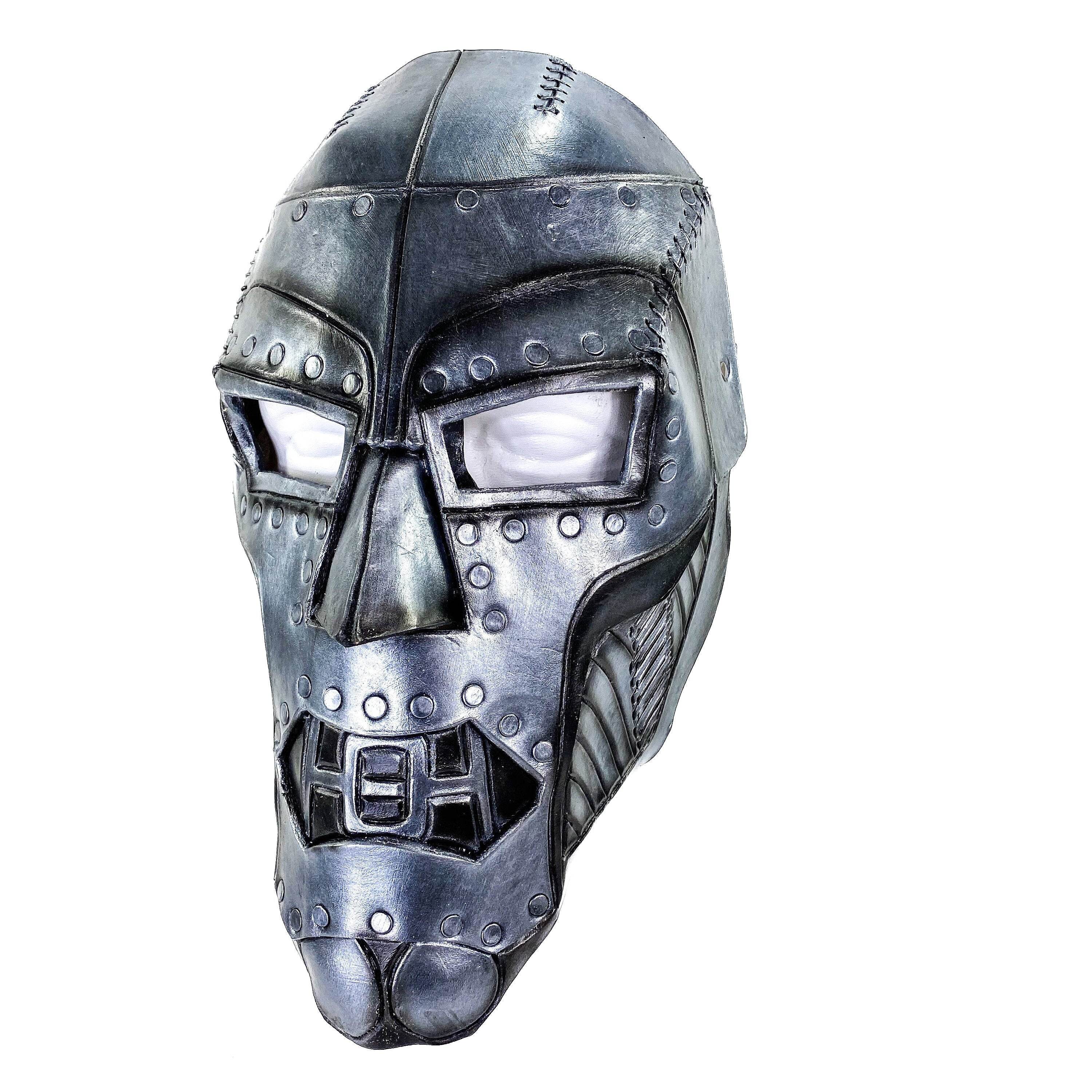 Genuine Leather Mask - Weathered Steel Paint - Handmade Full Face Cover for Masquerades Halloween or Cosplay Costume - UV Reactive Paint