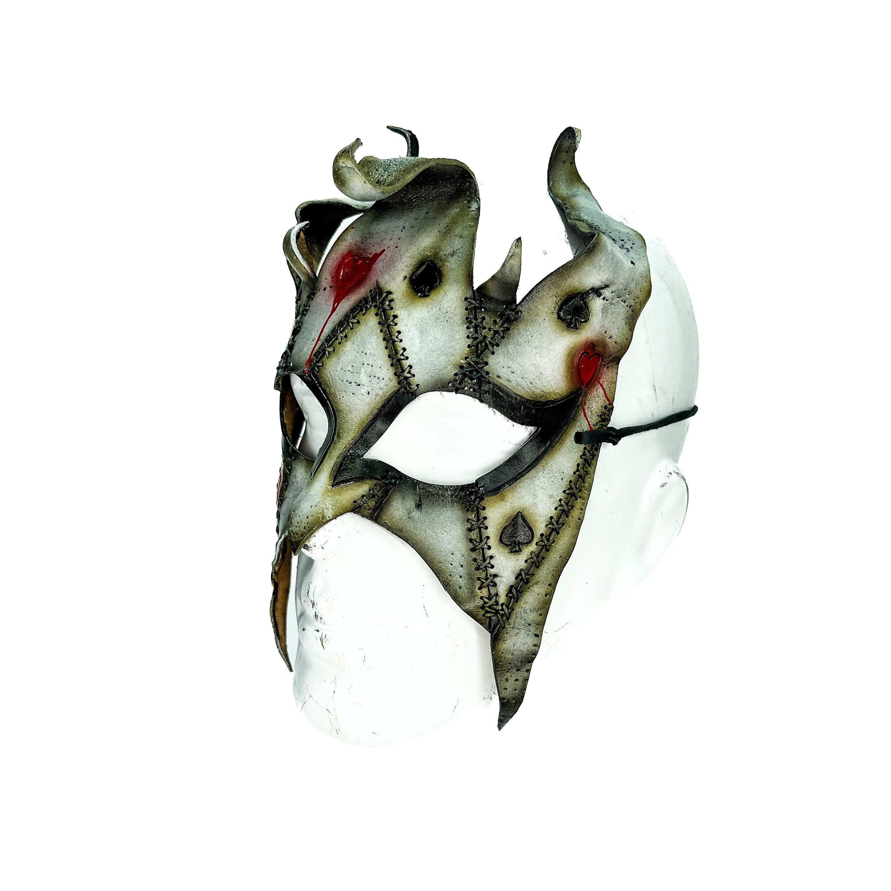 Grungy Joker Jester Handmade Genuine Leather Mask in Red - 