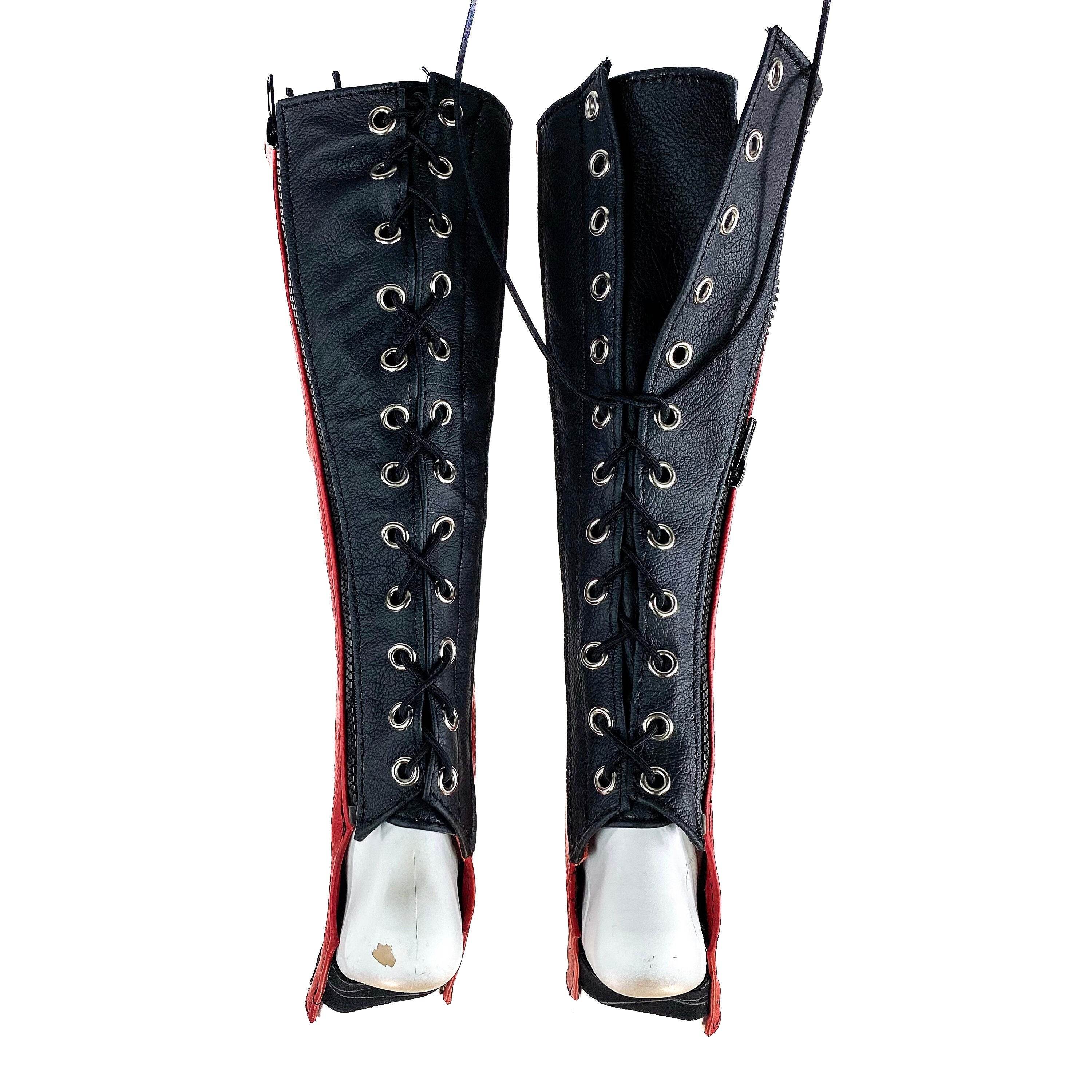 Genuine All Leather Kick Guards - Trapeze Boots - Zipper and Lace Closure - Aerial Boots/Gaiters - for Acrobatics, Costume, Wrestling - 