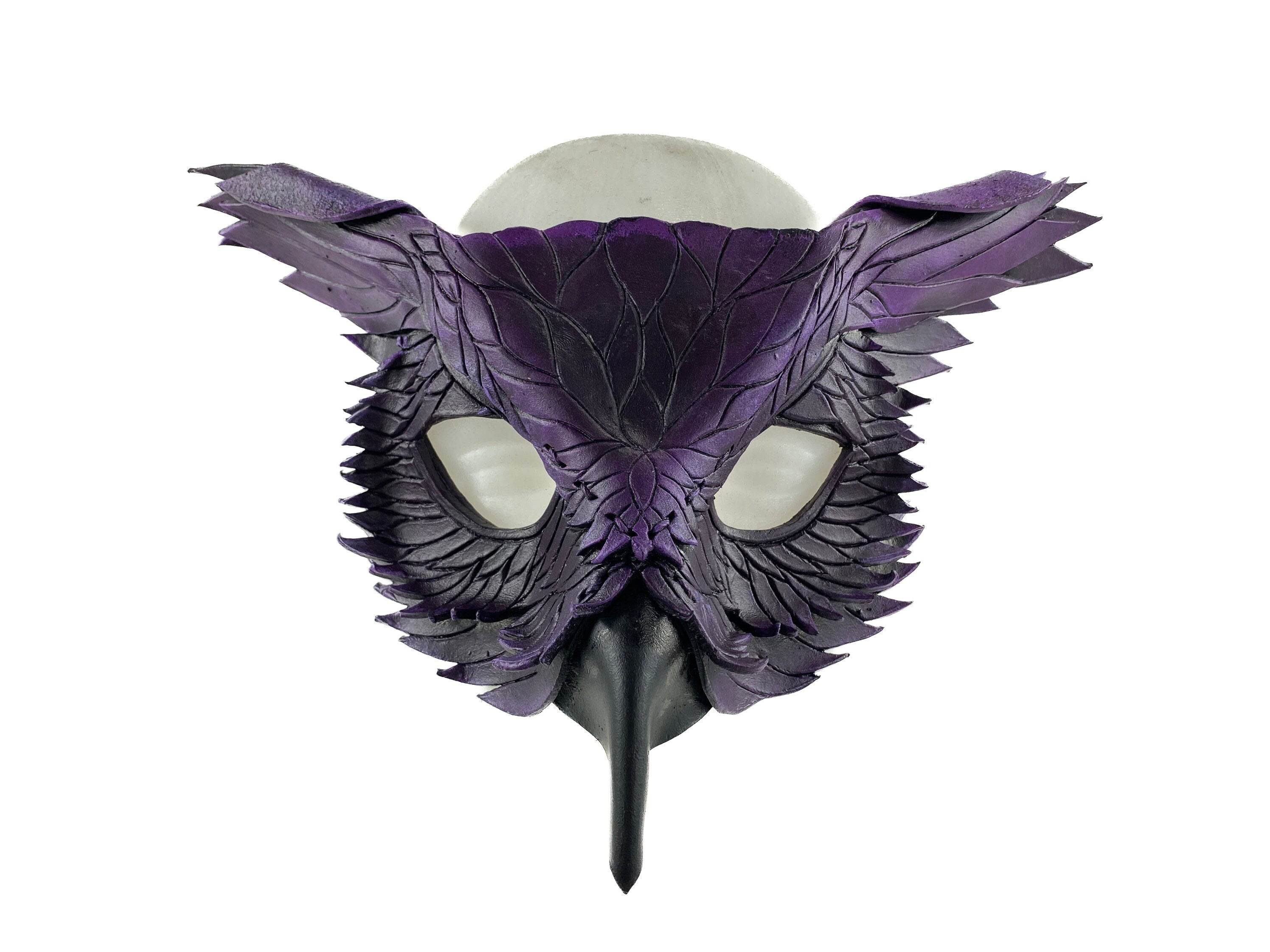Layered Horned Owl Handmade Genuine Leather Mask in Purple - 