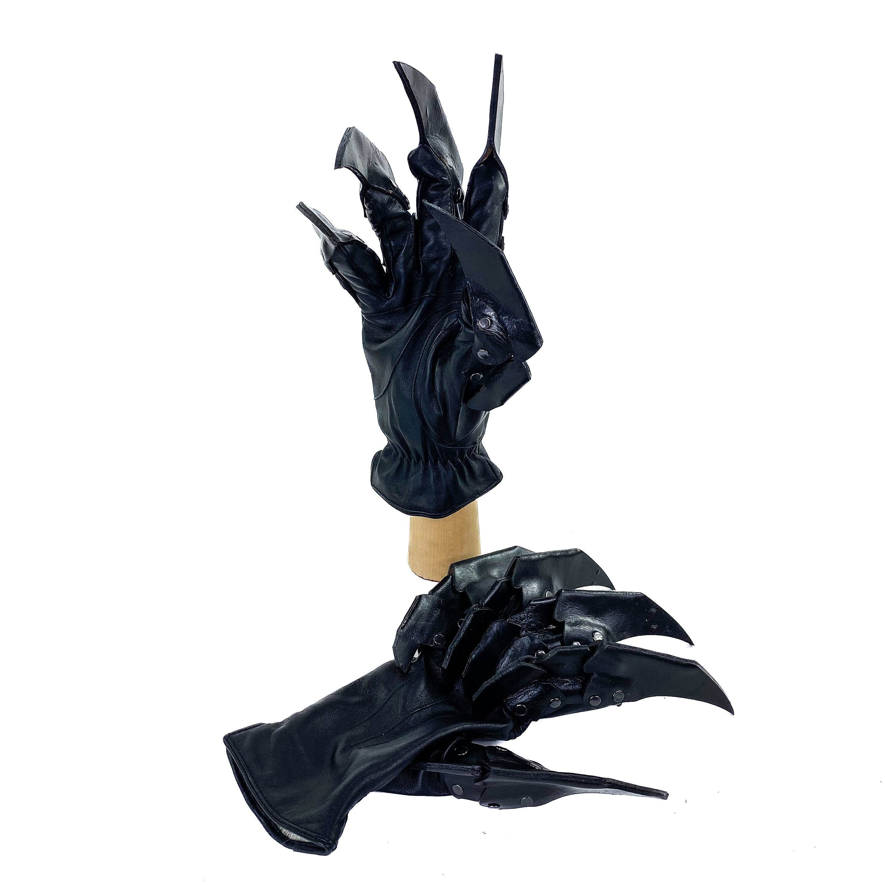 One Set of Two Handcrafted Genuine Leather Gloves with Claws in Black - 