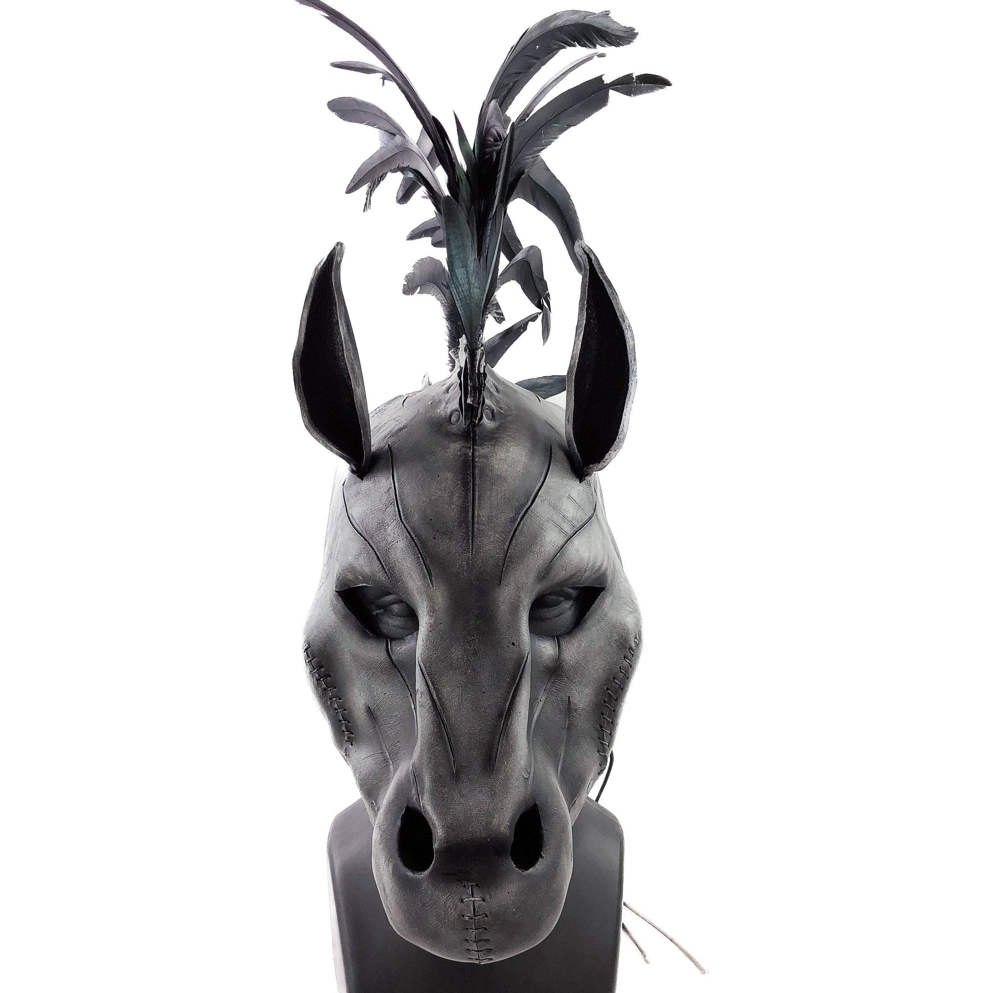 Flying Horse Handmade Genuine Leather Mask with Feathers - 