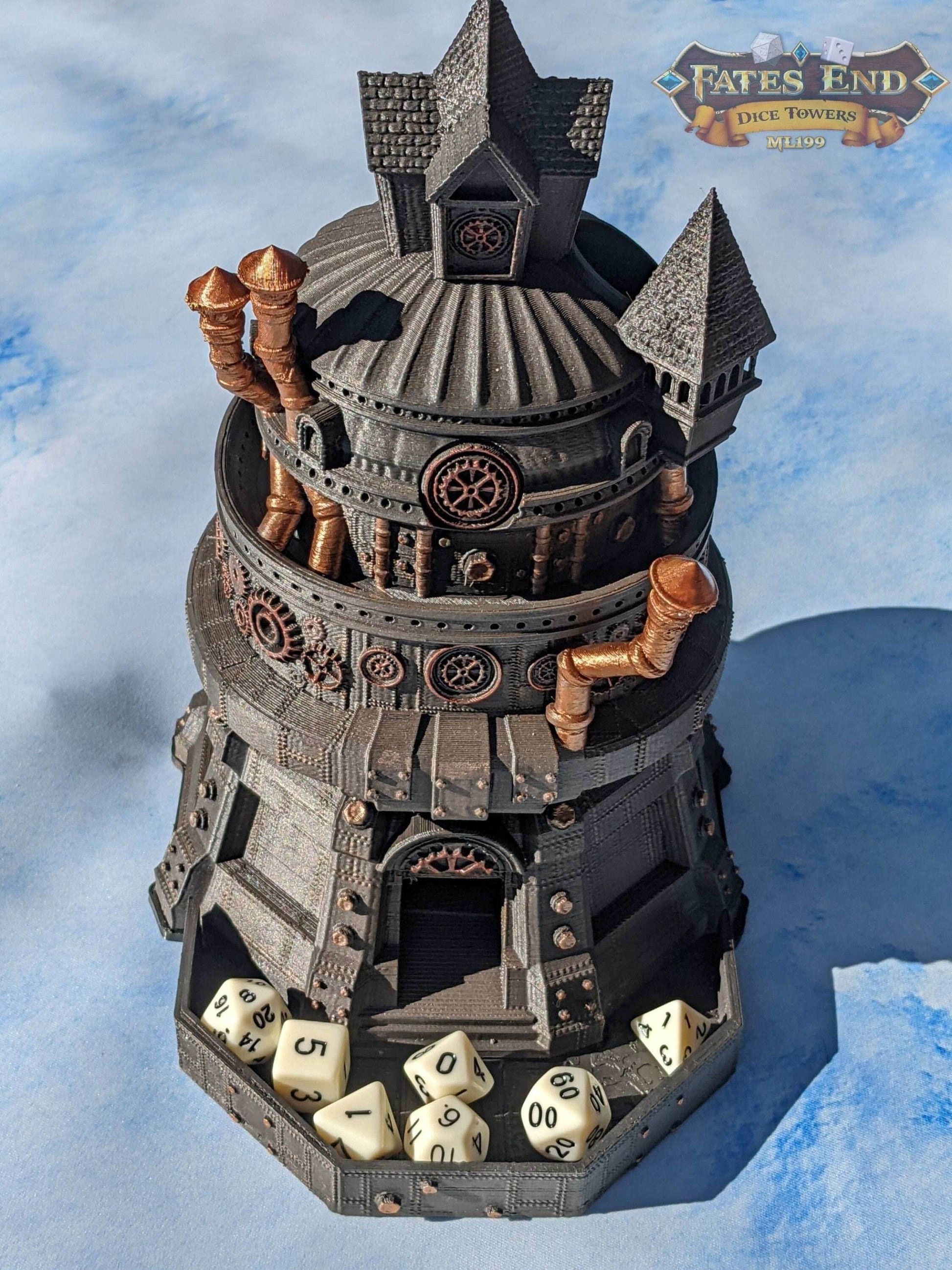 Artificer Class Steampunk 3D Printed Dice Tower- Fate's End - Embrace Precision with a Masterpiece of Dice-Rolling Ingenuity - Black / Yes- Include Random Dice Set