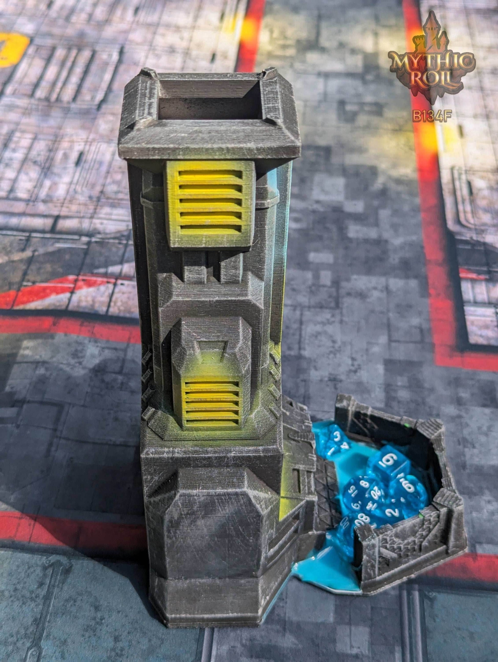 Cyberpunk-Control SciFi Dice Tower by Unchained Games - Mythic Roll Collection - Delve into Digital Domains & Future Realms with Each Toss! - Black / Yes- Include Random Dice Set