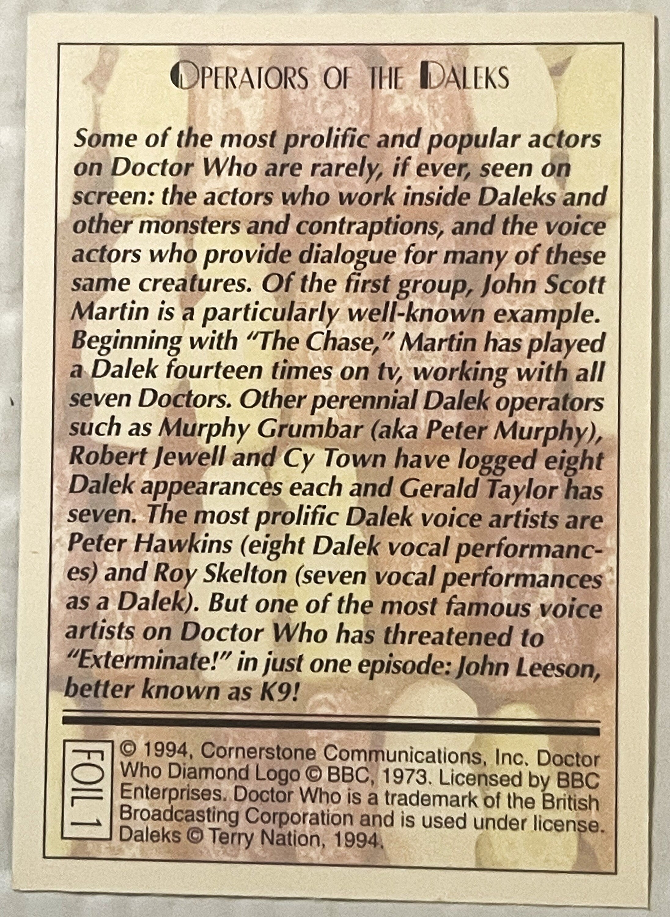 🛸 Vintage 1994 Doctor Who Daleks Foil Trading Cards — Cards 1–3 of 6