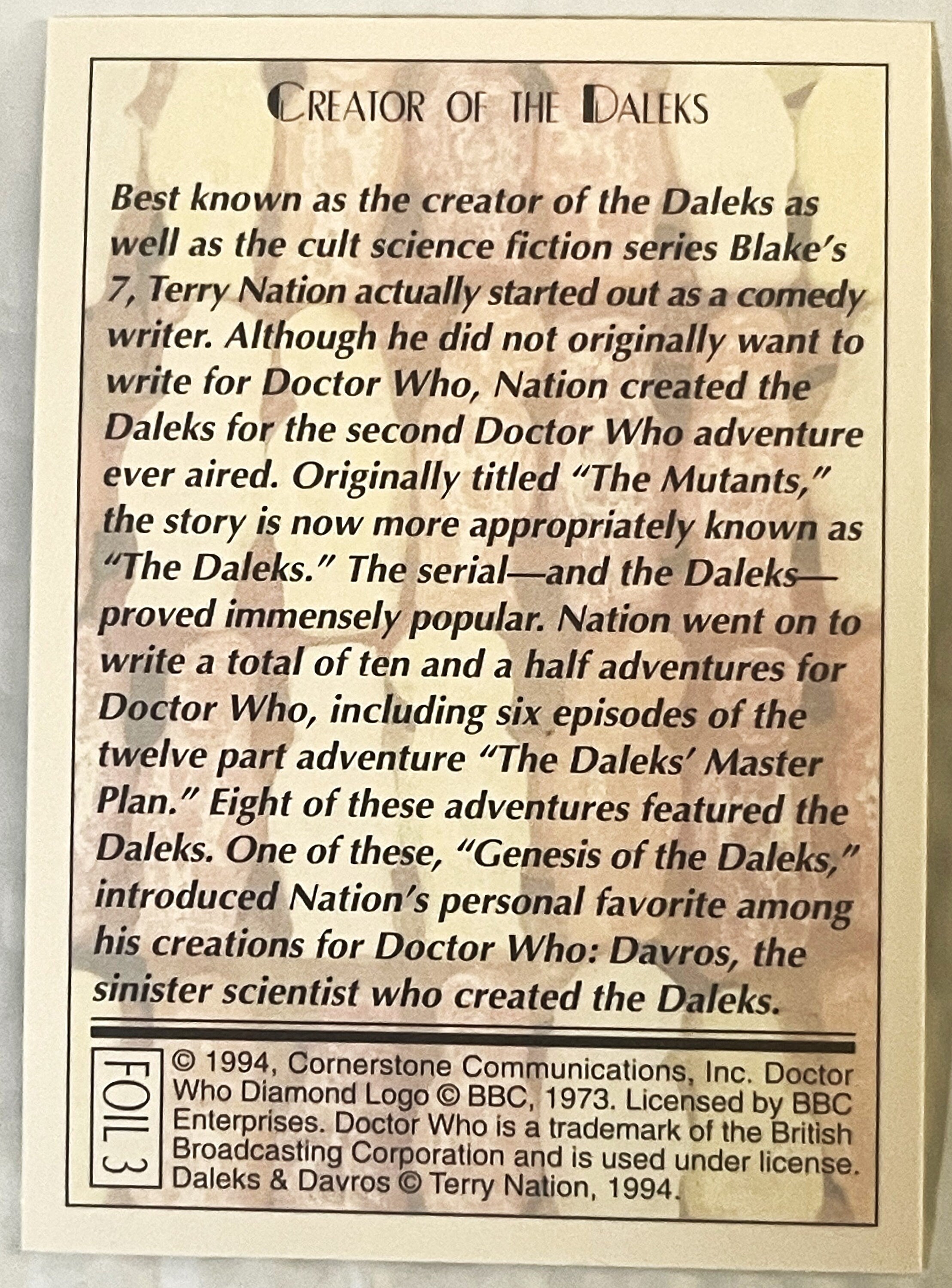 🛸 Vintage 1994 Doctor Who Daleks Foil Trading Cards — Cards 1–3 of 6