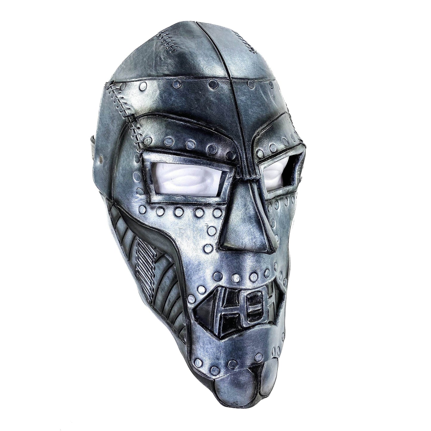 Genuine Leather Mask - Weathered Steel Paint - Handmade Full Face Cover for Masquerades Halloween or Cosplay Costume - UV Reactive Paint