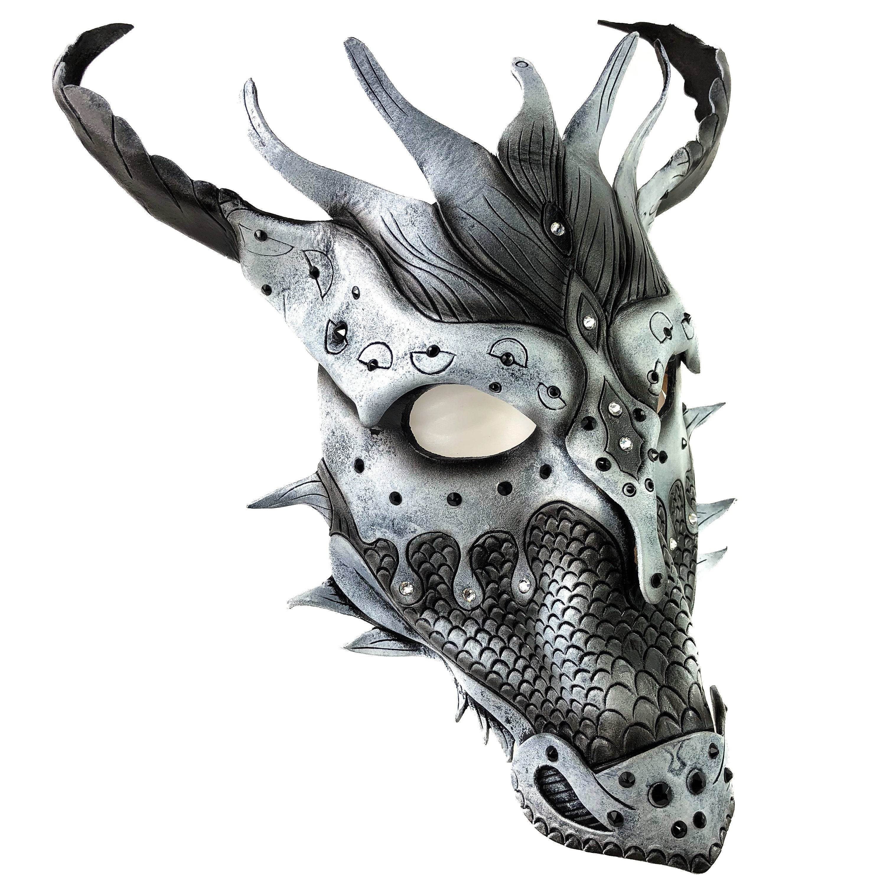 Grey Ancient Dragon Leather Mask with Swarovski Crystals - 
