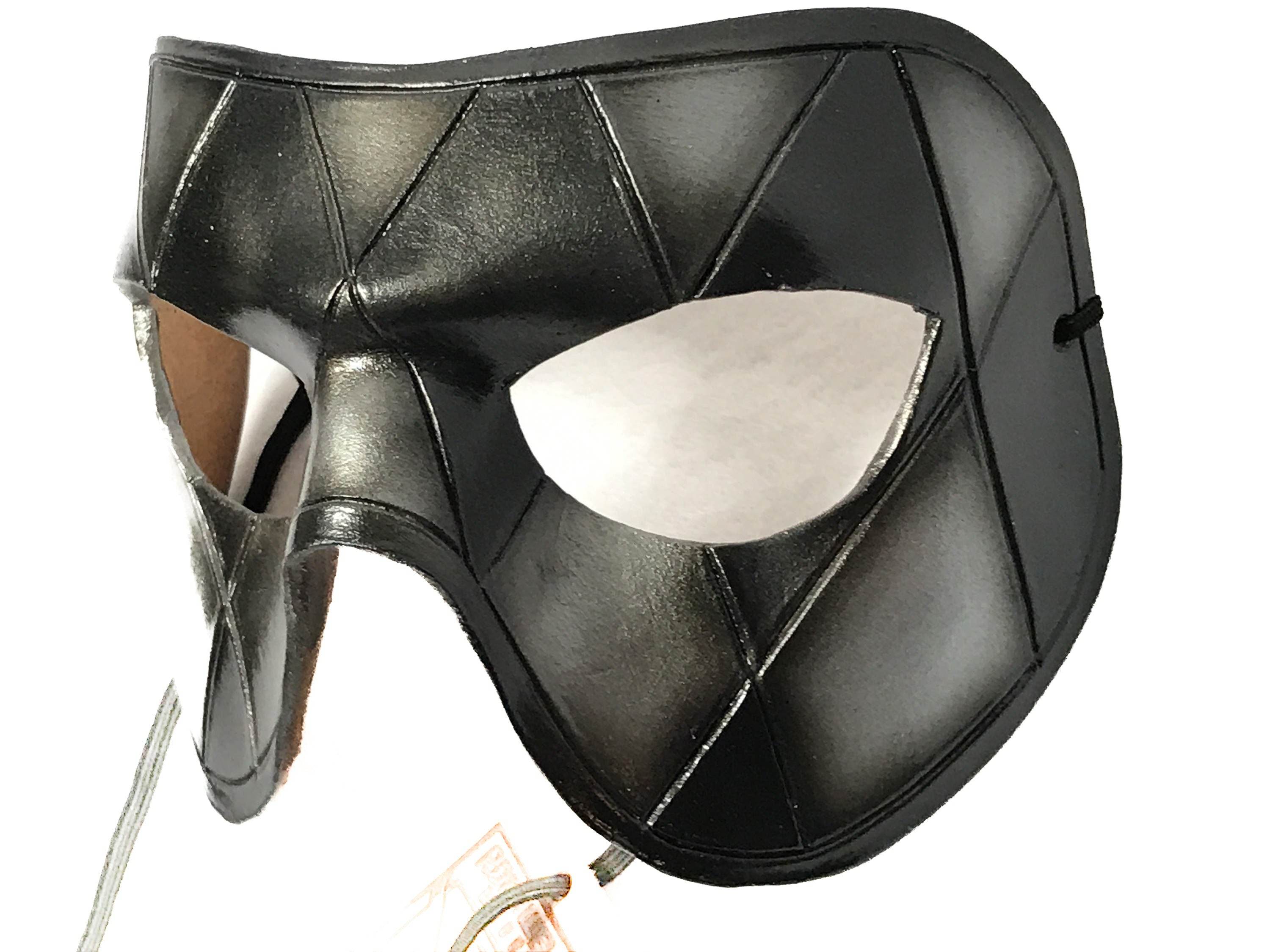 Silver Harlequin Handmade Genuine Leather Mask in Black and Silver - 