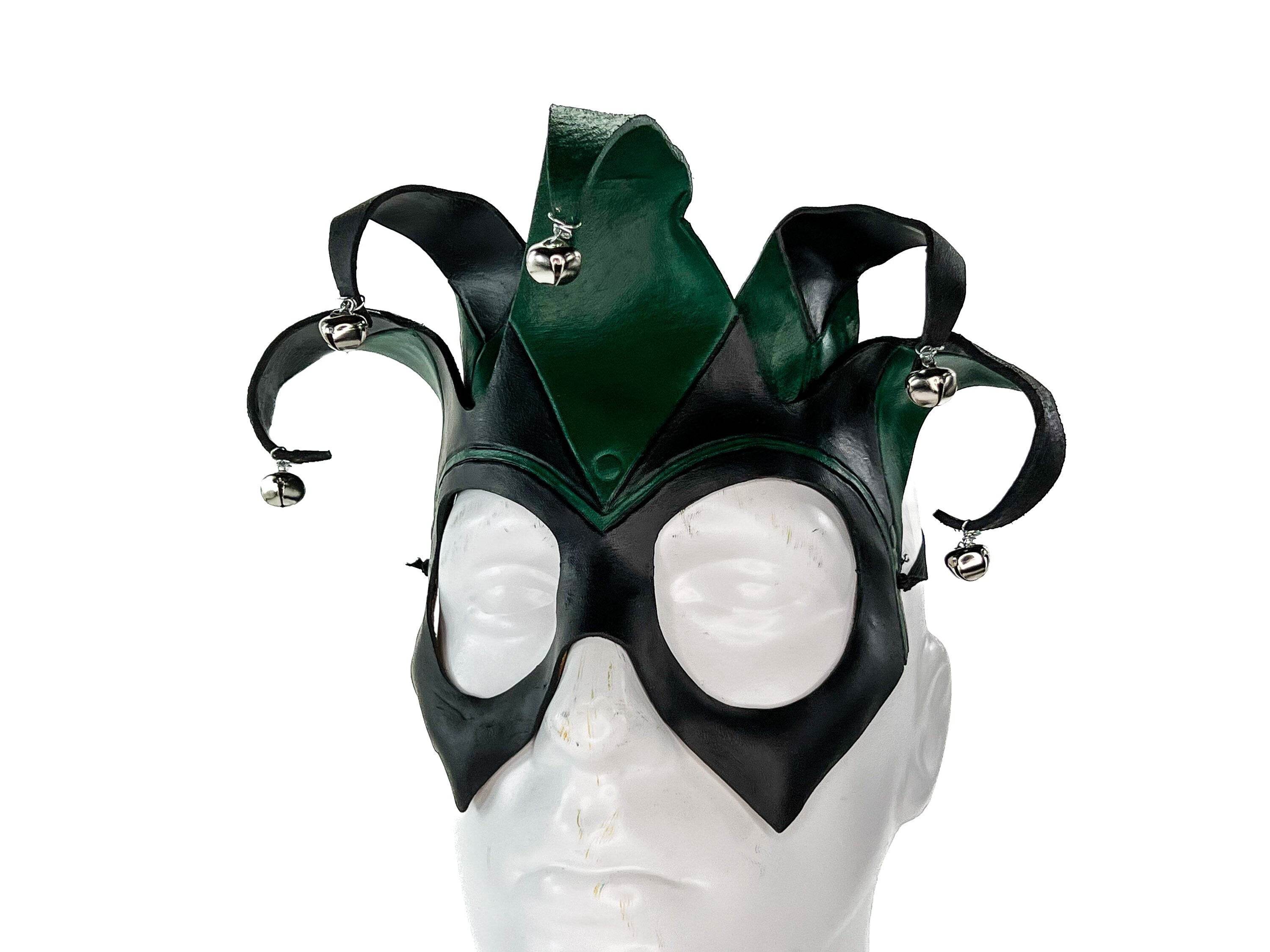 Handmade Genuine Leather Five Point Jester Mask in Green and Black - 