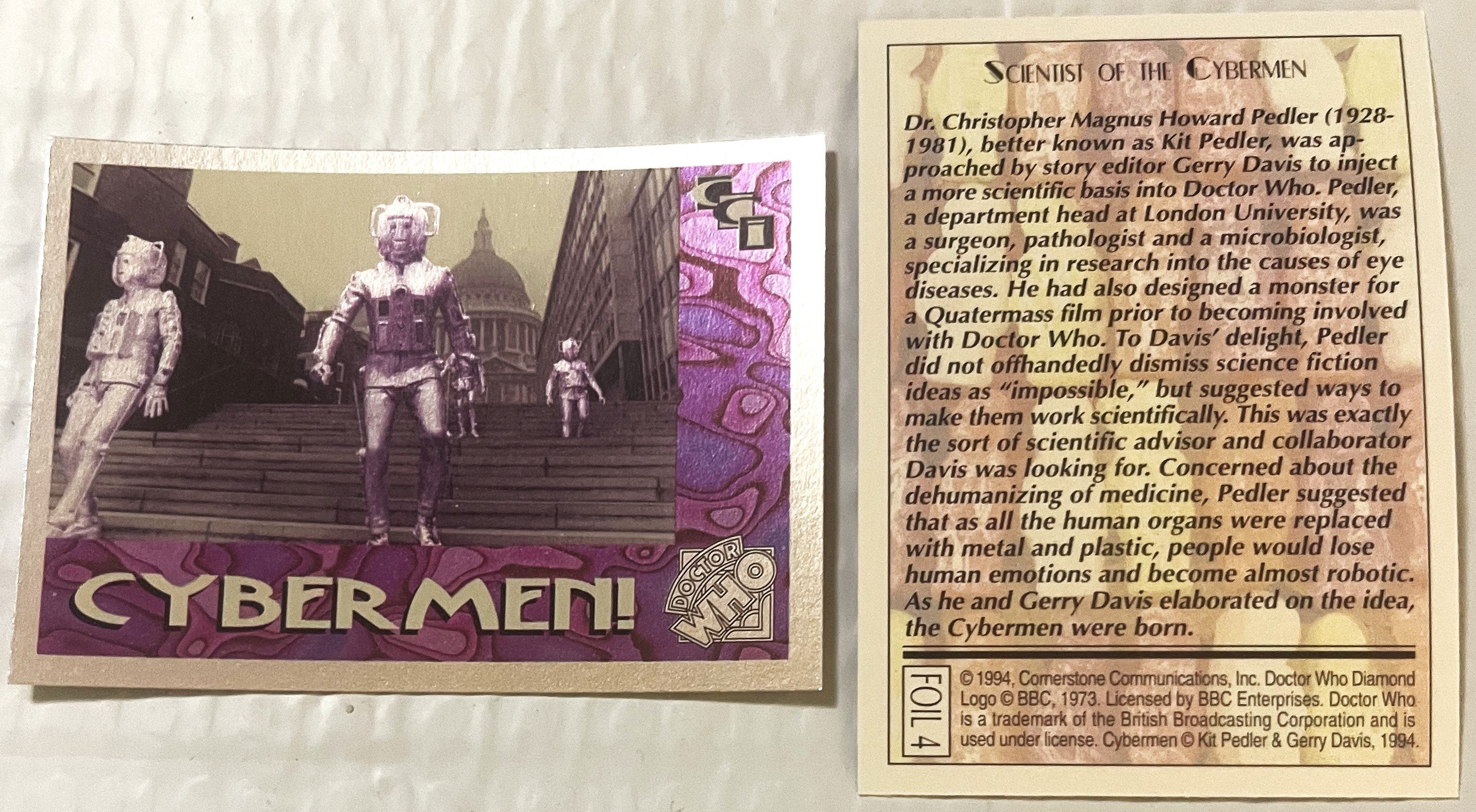 🤖 Vintage 1994 Doctor Who Cybermen Foil Trading Cards — Cards 4–6 of 6 (Set)