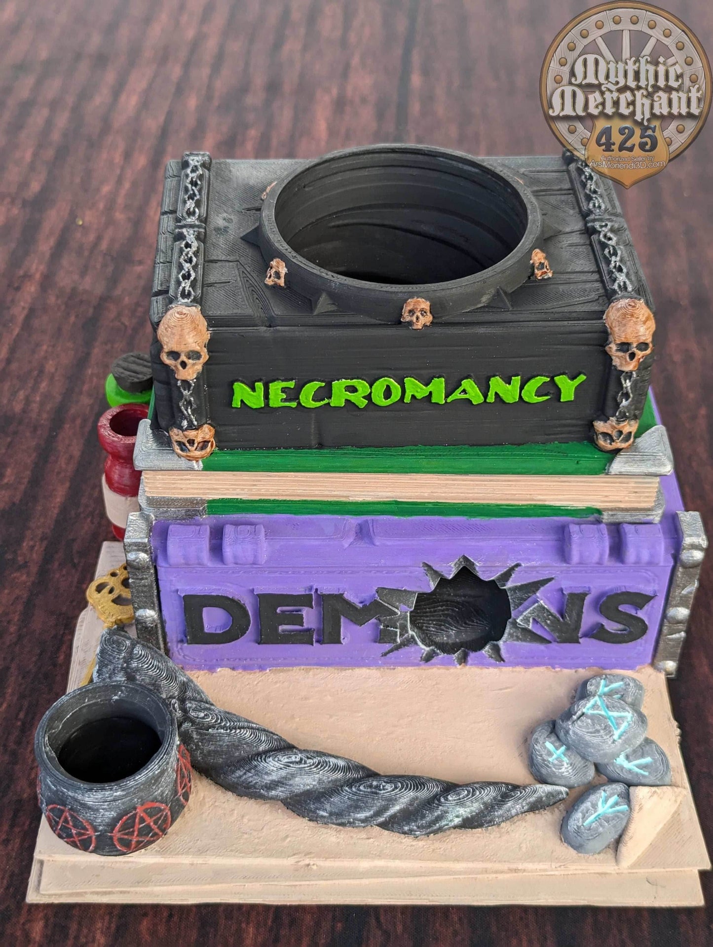 Warlock Spell Book 3D Printed Dice Tower - Mythic Mugs by Ars Moriendi 3D | Dice Tray | D20 Dice Vault - Channel dark magic from the abyss! - Black / Yes- Include Random Dice Set