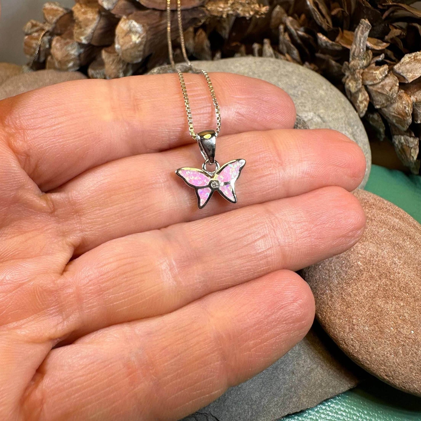 Petite Opal Butterfly Necklace - Pink Opal