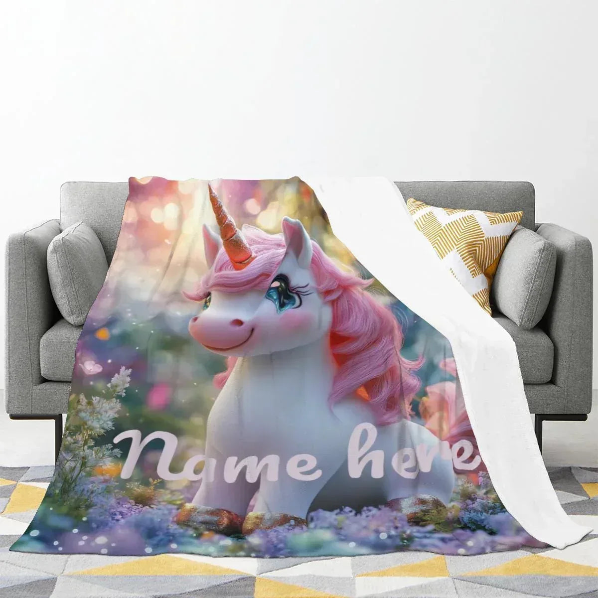 Personalized Unicorn Blanket - Magical Pink Flannel Fleece Throw Custom Name Kids Gift