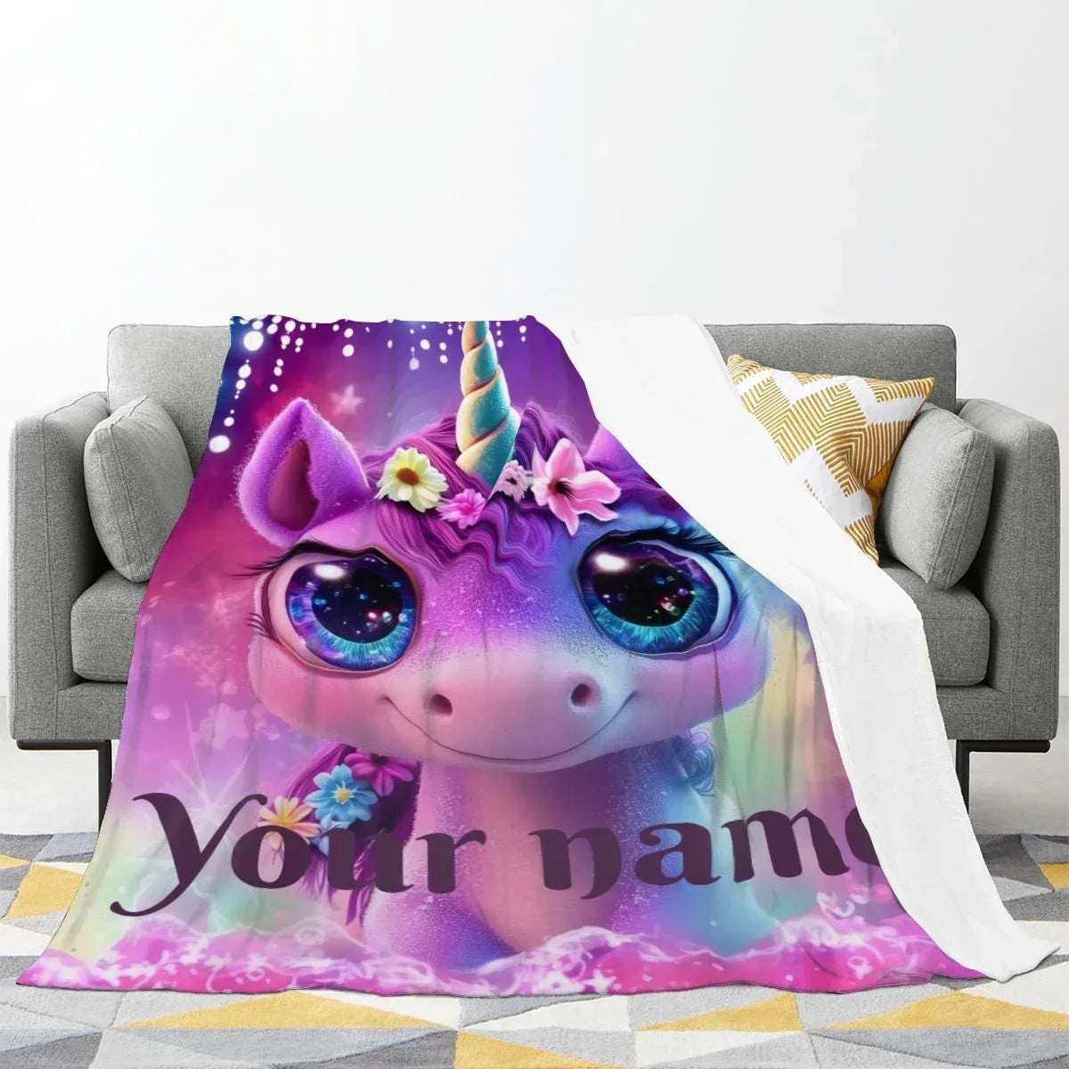 Personalized Unicorn Fleece Blanket: Purple Magical Floral Kids Throw, Super Soft Name Gift