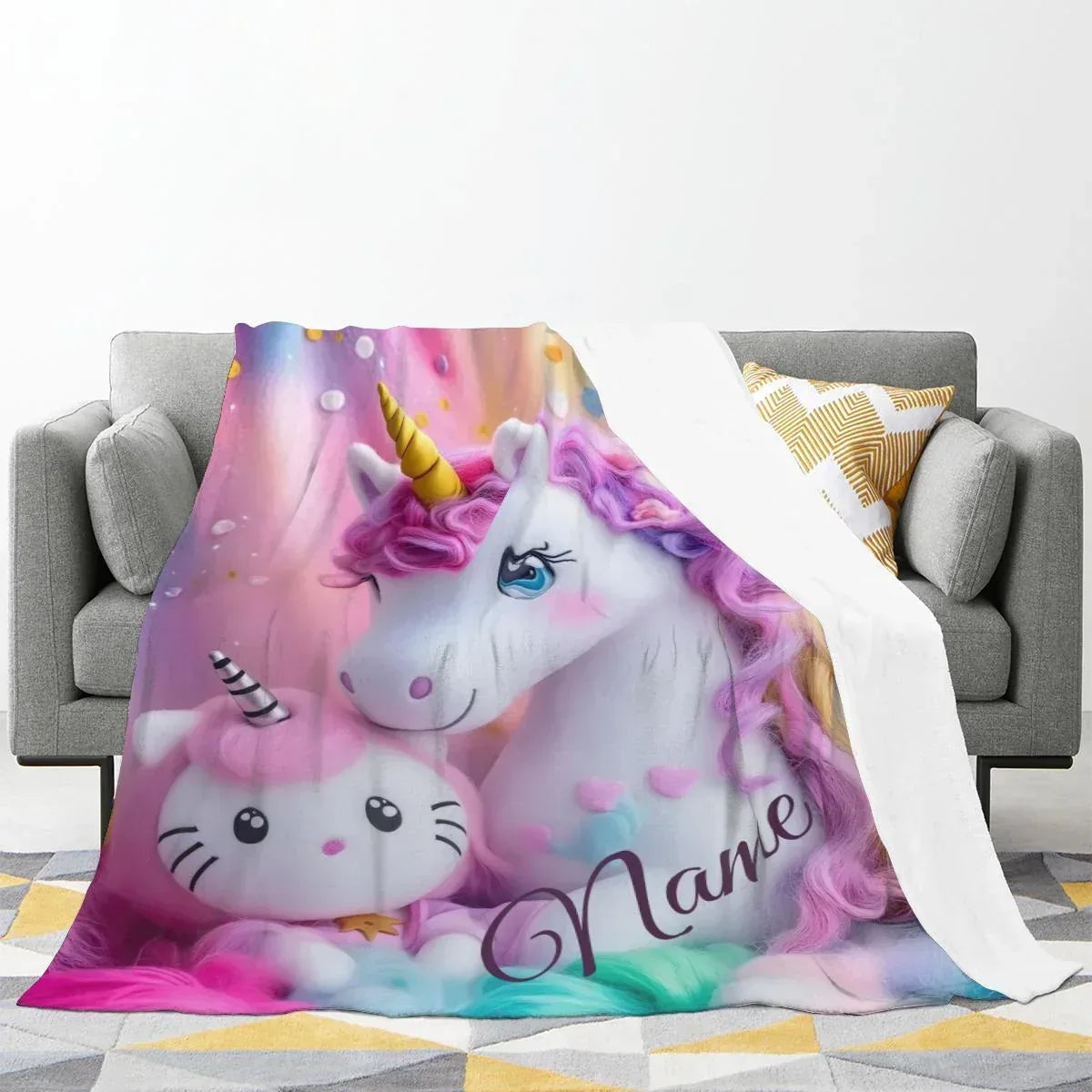 Personalized Hello Kitty Unicorn Blanket: Flannel Fleece Throw, Super Soft Name Gift