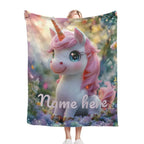 Personalized Unicorn Blanket - Magical Pink Flannel Fleece Throw Custom Name Kids Gift