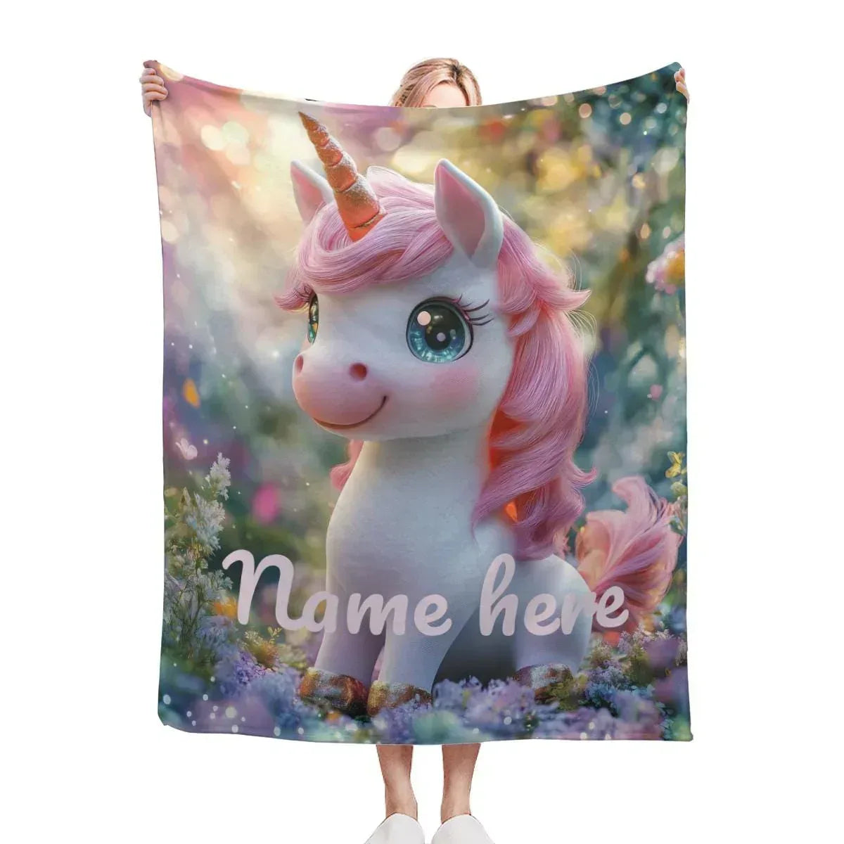 Personalized Unicorn Blanket - Magical Pink Flannel Fleece Throw Custom Name Kids Gift