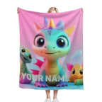Personalized Dragon Blanket: Cartoon Flannel Fleece Dino Throw, Custom Name Gift