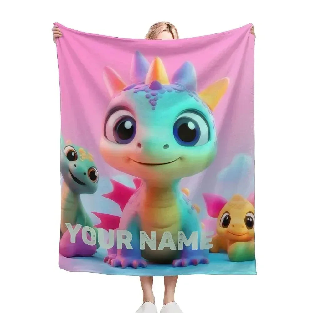 Personalized Dragon Blanket: Cartoon Flannel Fleece Dino Throw, Custom Name Gift