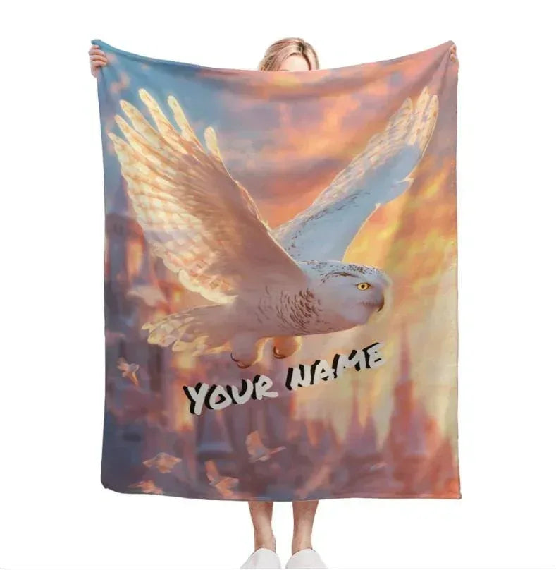 Personalized Wizard Owl Flannel Blanket: Enchanted Castle Fleece Throw, Soft Custom Name Gift Bird